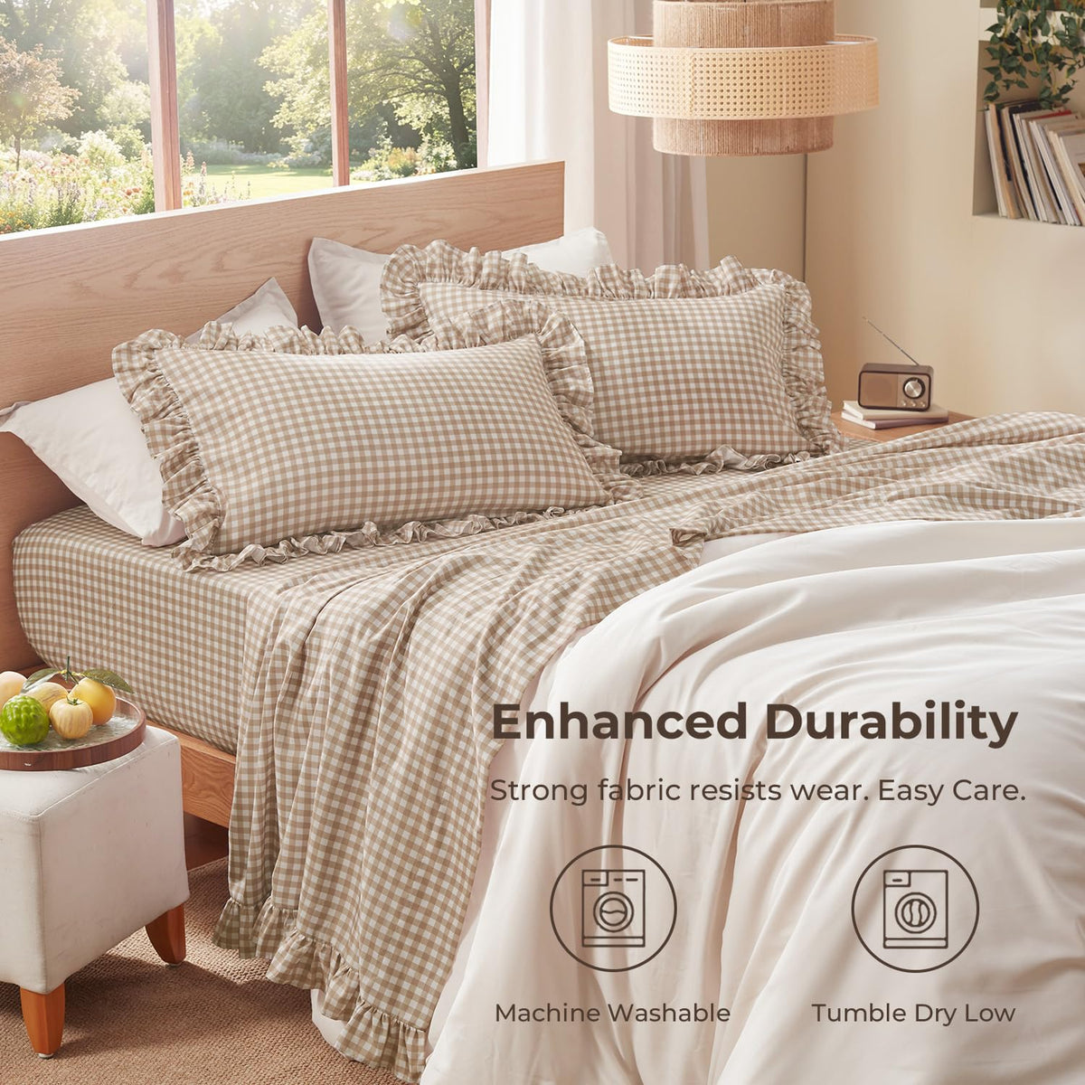 Tan Gingham Ruffle Sheets Set 4 Pieces