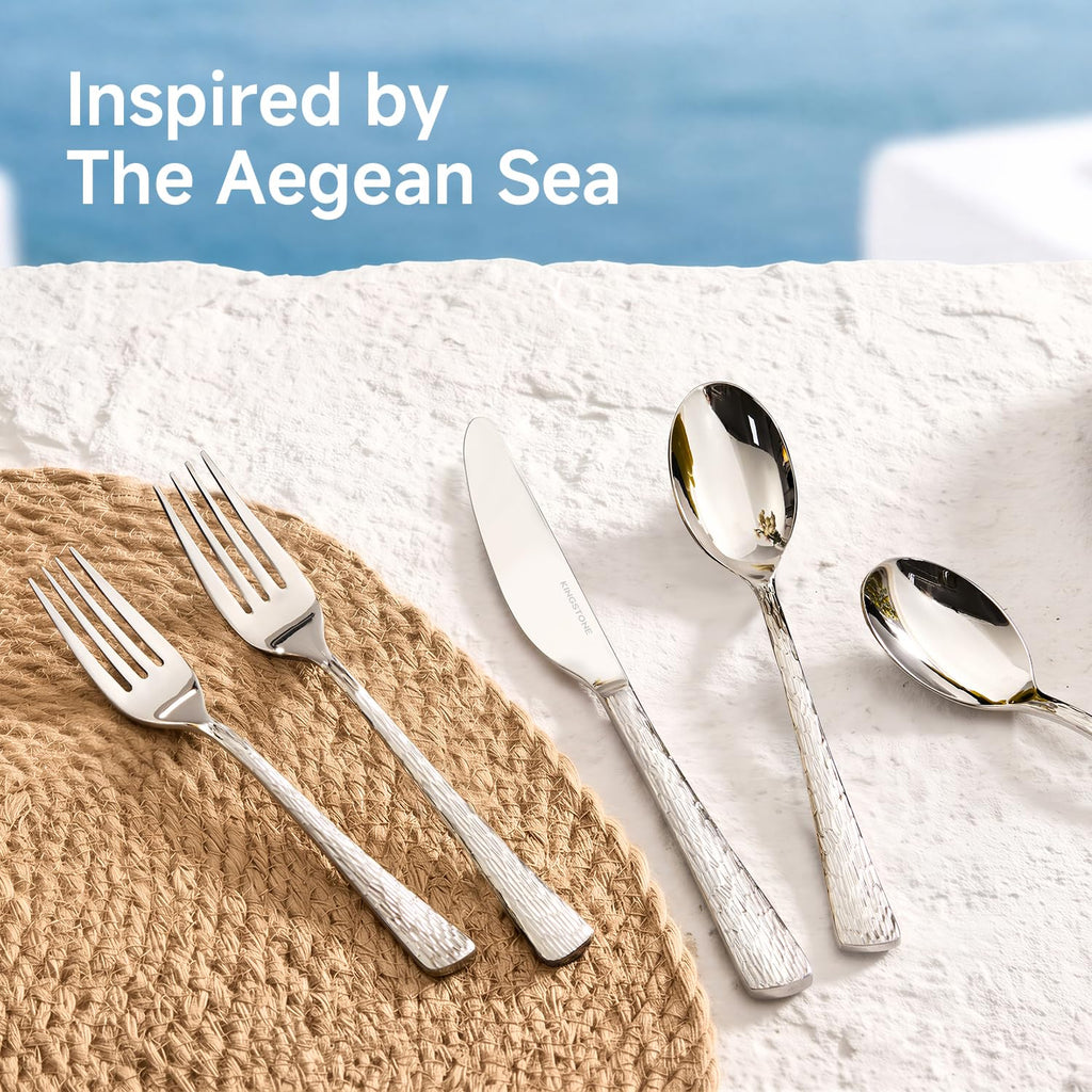 65 Pcs 18/10 Steel Silverware Set with Serving Utensils, Hammered Flatware