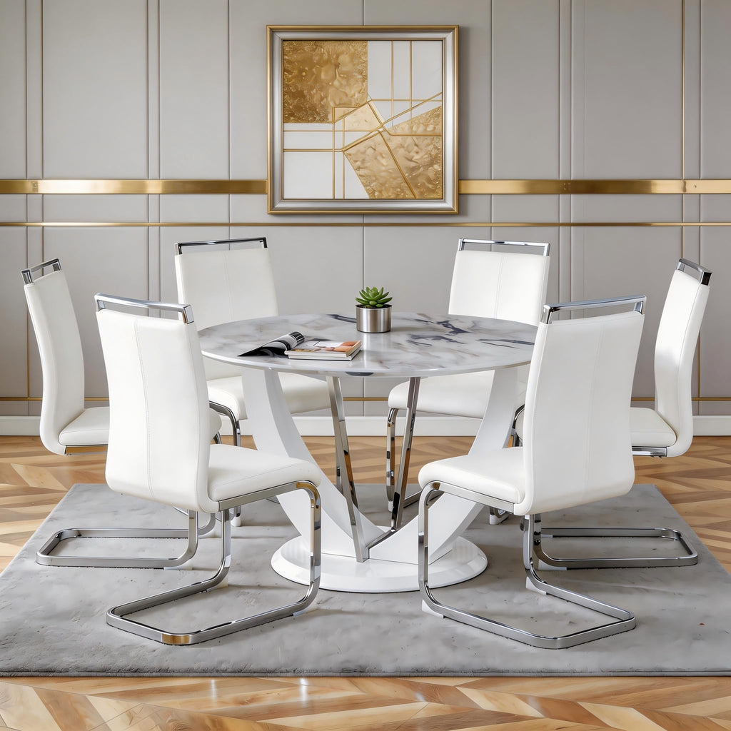 47" White Glass Round Dining Table Set 6