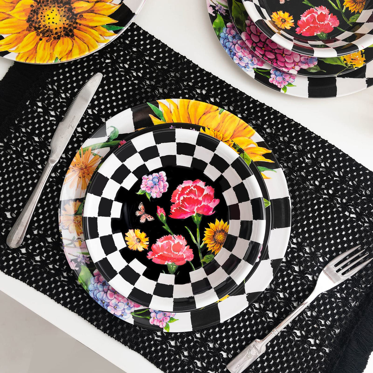 Sunflower 12-Piece Melamine Dinnerware Set, Dishwasher Safe