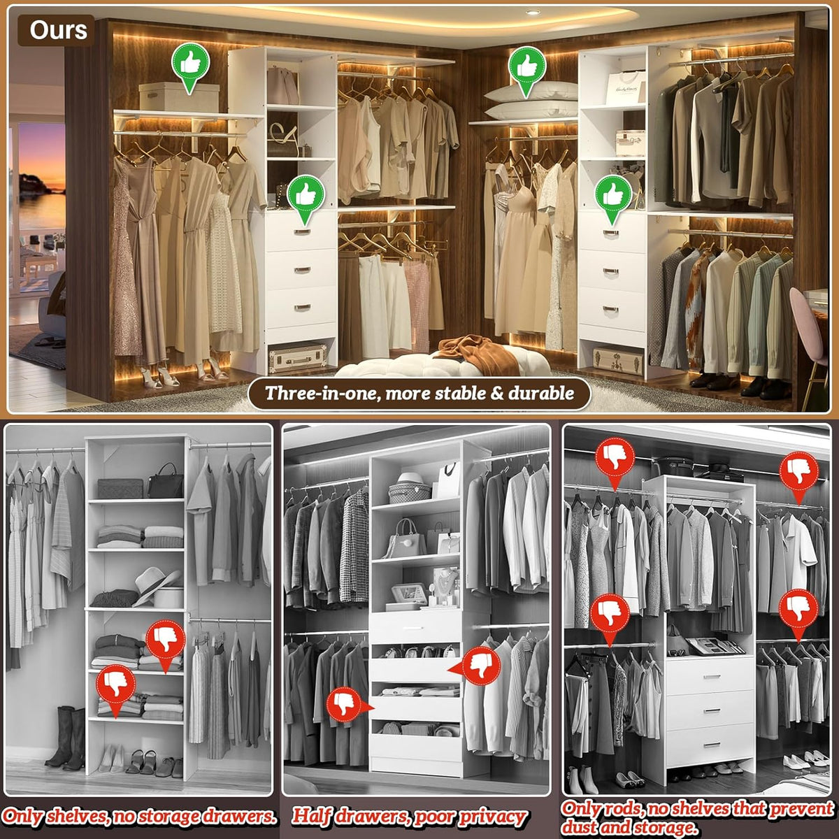 8FT Closet System, 96'' Closet Organizer System with 3 Hanging Rods, Wall Mount Bedroom Wardrobe with 3 Drawers