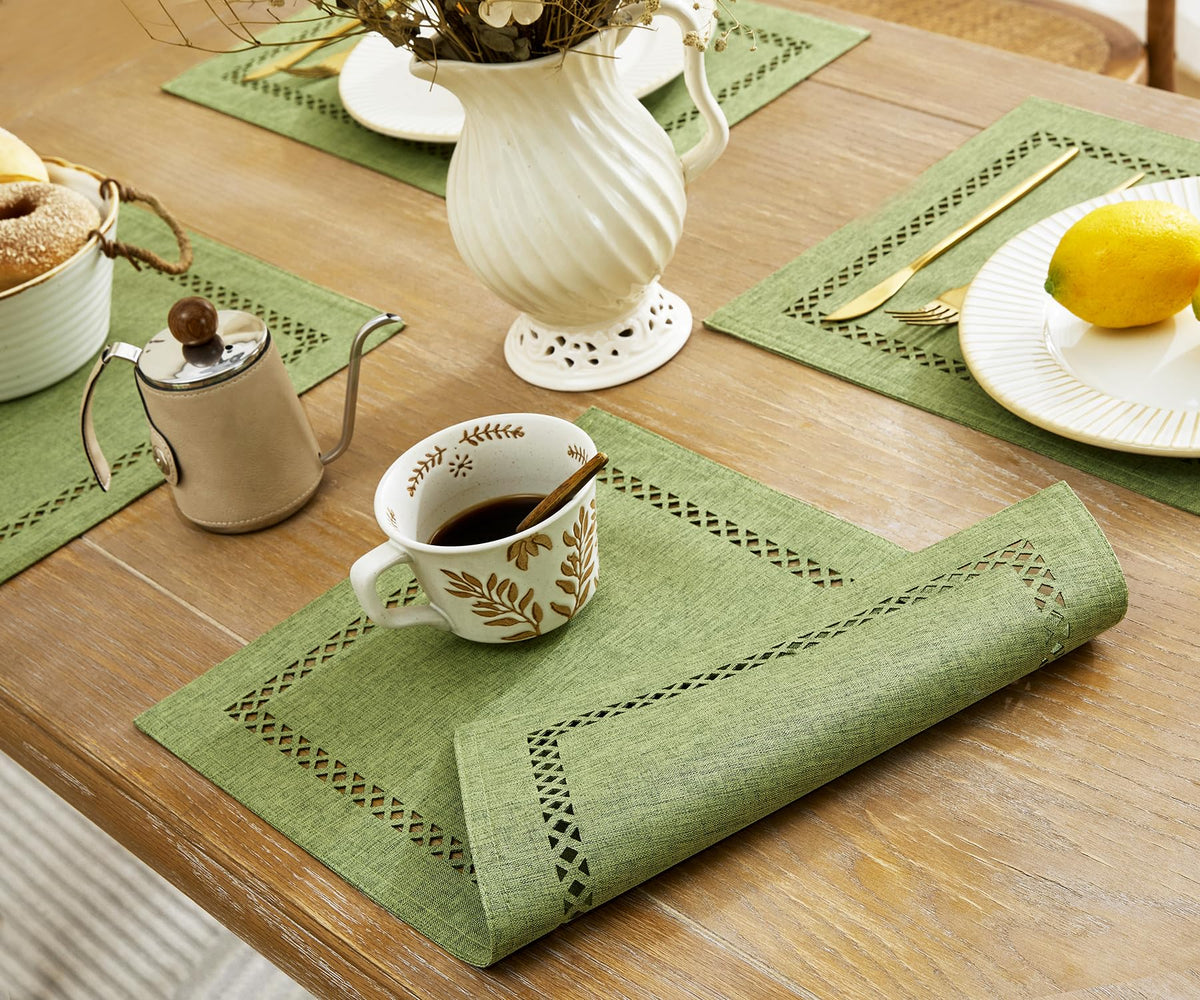 Farmhouse Burlap Hollow Placemats Set of 4, 12 x18 Inch Sage Green