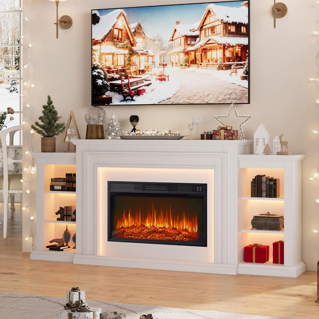 80 Inch Electric Fireplace TV Stand with Mantel and LED Lights, Entertainment Center for TVs up to 90 Inches, Modern Media Console with Storage and Remote Control