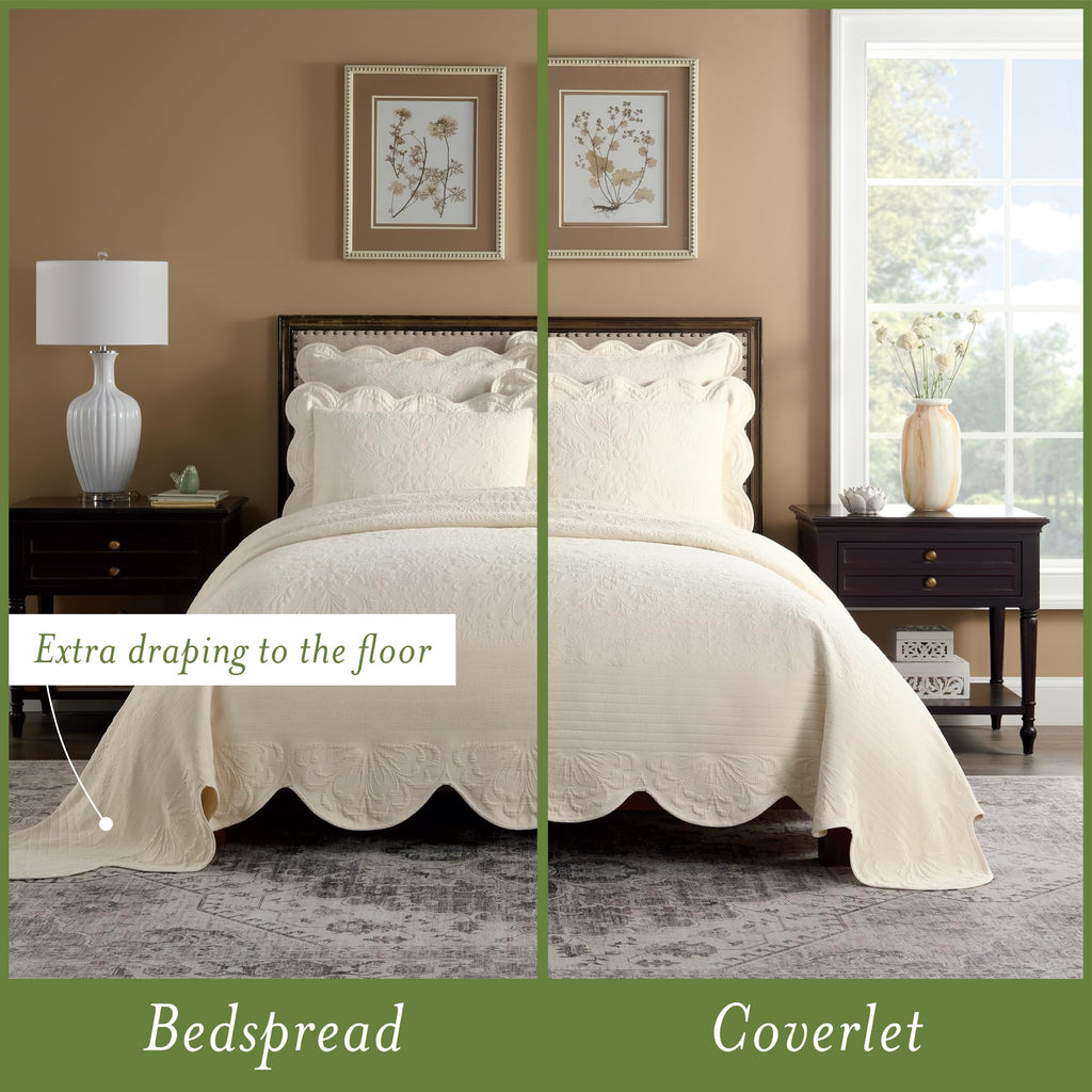 Charleston Charleston Estate Modern Farmhouse Floral Matelasse Coverlet with Scalloped Edges, 100% Cotton Breathable