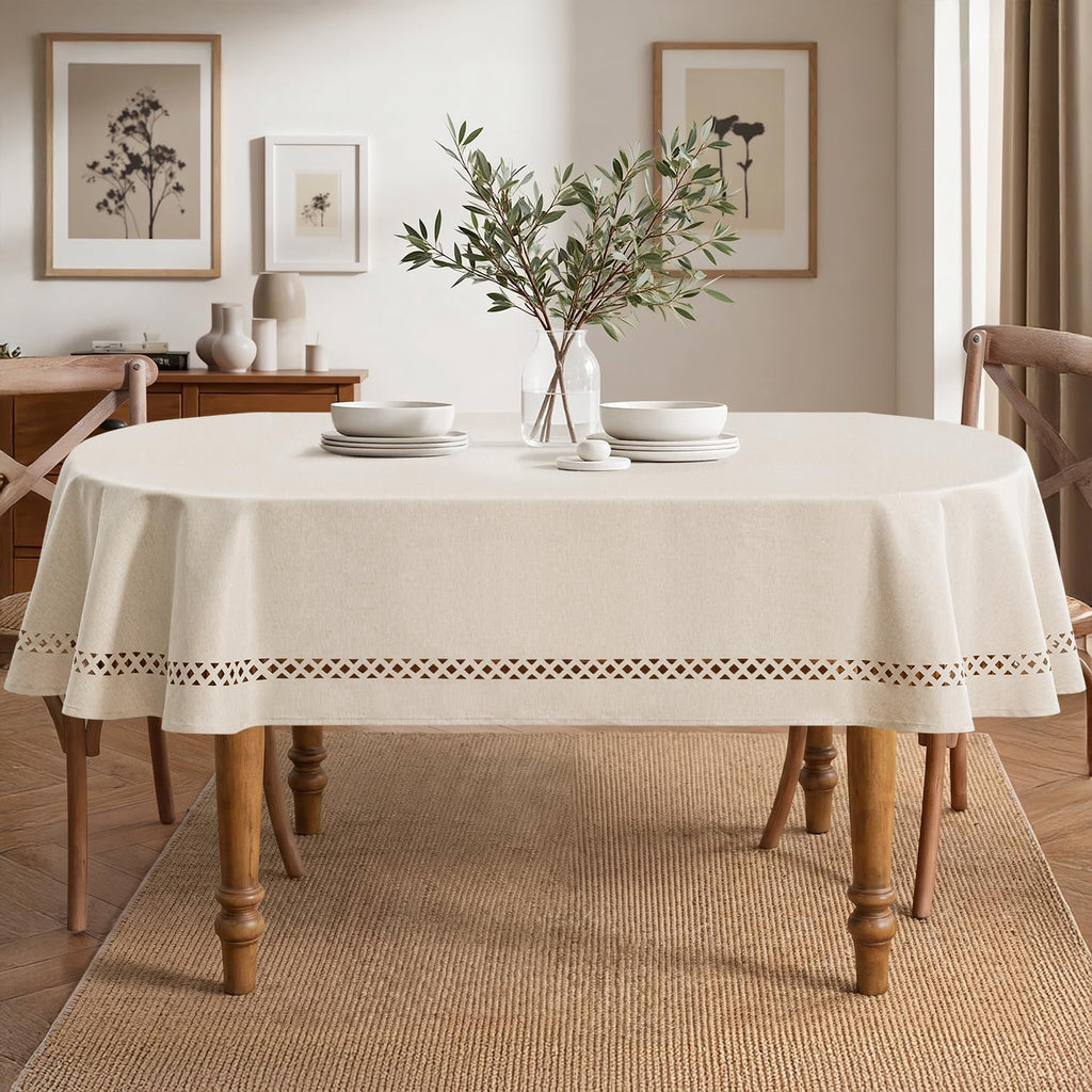 Beige Oval Tablecloth with Decorative Cutouts 60x84 Inch