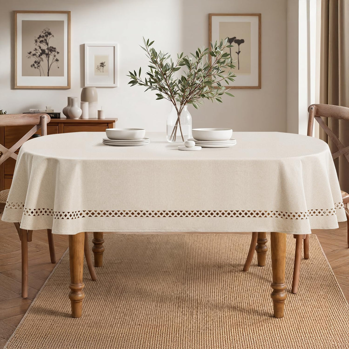 Beige Oval Tablecloth with Decorative Cutouts 60x84 Inch