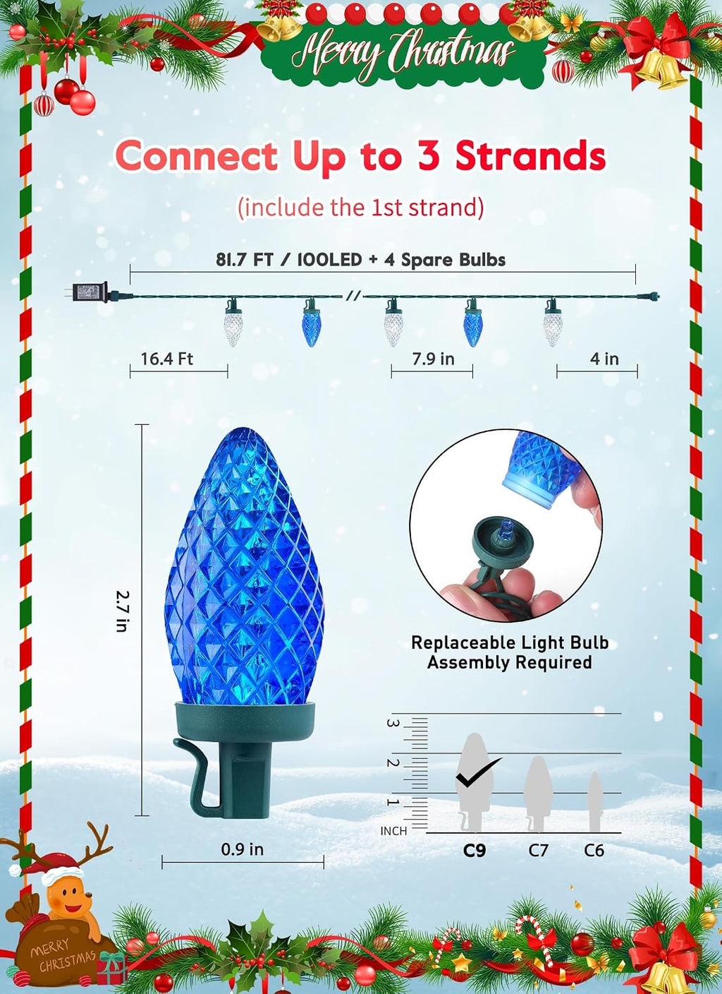 C9 LED Christmas Lights Outdoor, 81 Feet 100 LED String Lights with Timer & 8 Lighting Mode,Blue and White