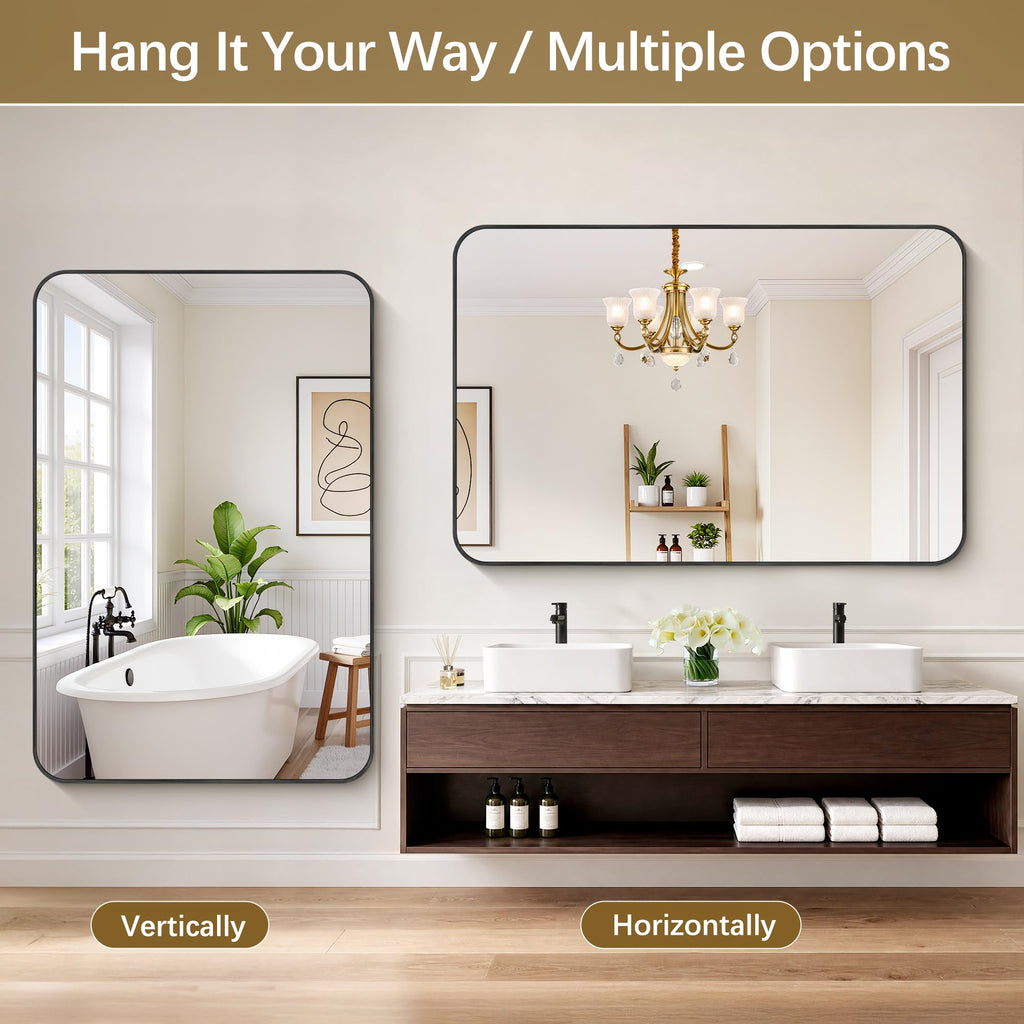 60" x 40"Bathroom Mirror, Matte Black Wall Mirror with Metal Frame, Decorative Rectangular Vanity Mirror Bathroom