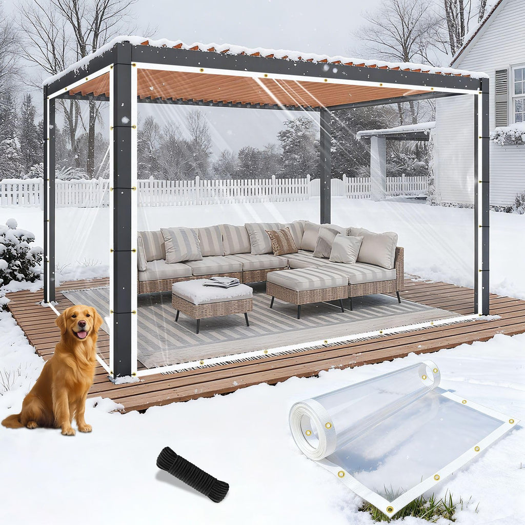 Outdoor Vinyl Curtain Customized Size, 11' W x 12' L Heavy-Duty Waterproof Clear Panel with Grommets, Privacy Clear