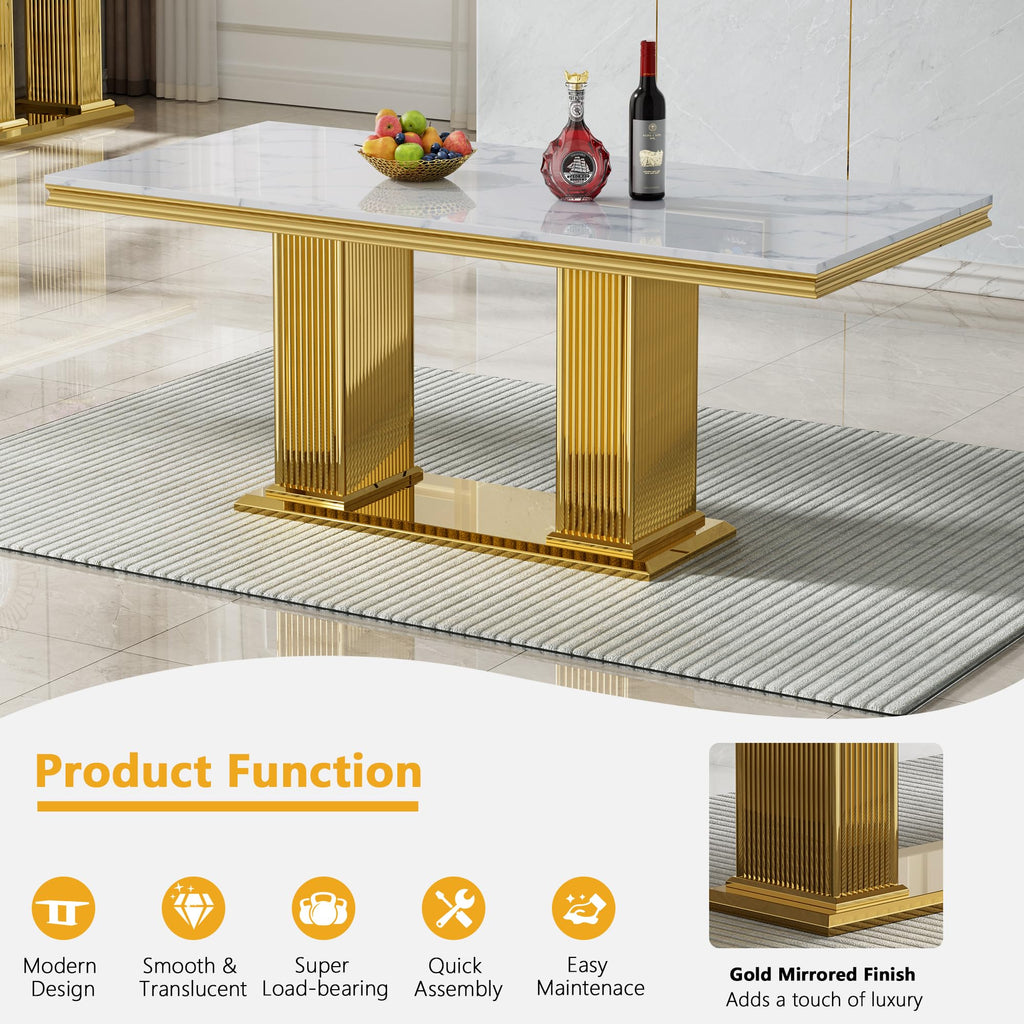 68 in Faux Marble Dining Table for 4-6, White Marble Dining Table with Gold Stainless Steel Base, Luxury Rectangular