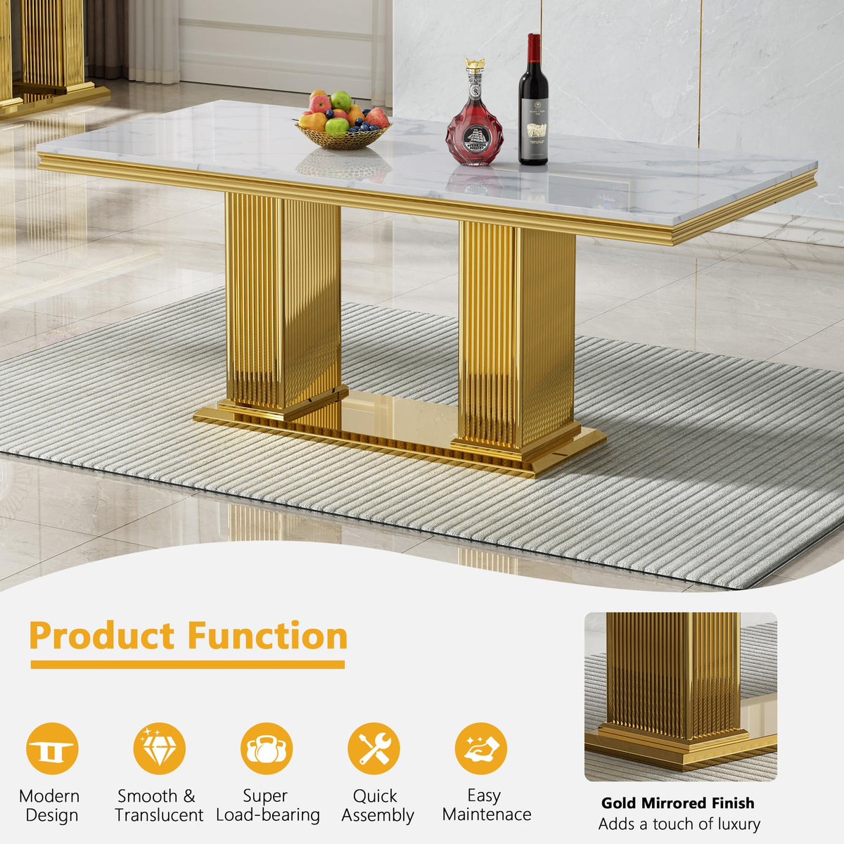 68 in Faux Marble Dining Table for 4-6, White Marble Dining Table with Gold Stainless Steel Base, Luxury Rectangular