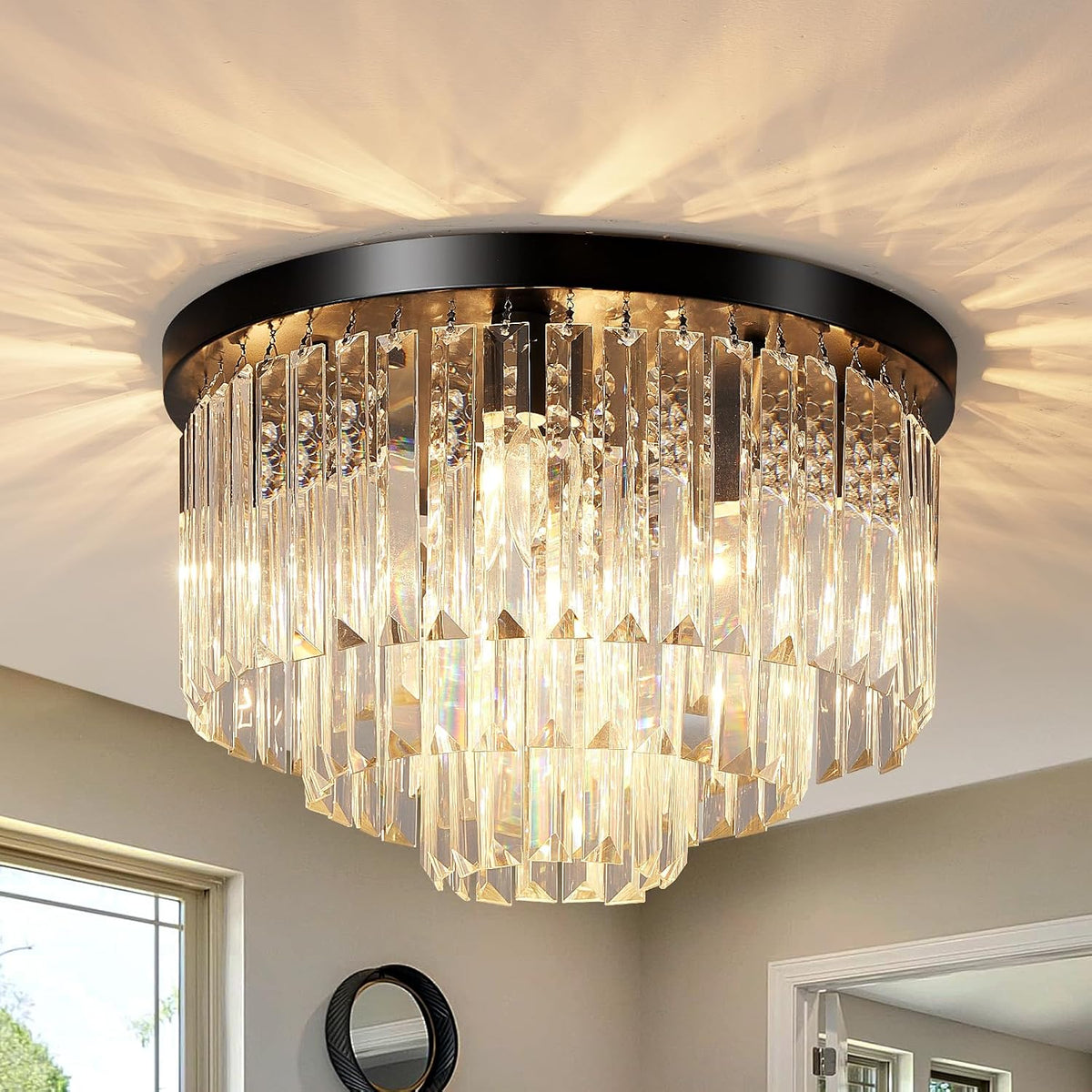 16-Inch Black Crystal Flush Mount Chandelier Ceiling Light for Bedrooms