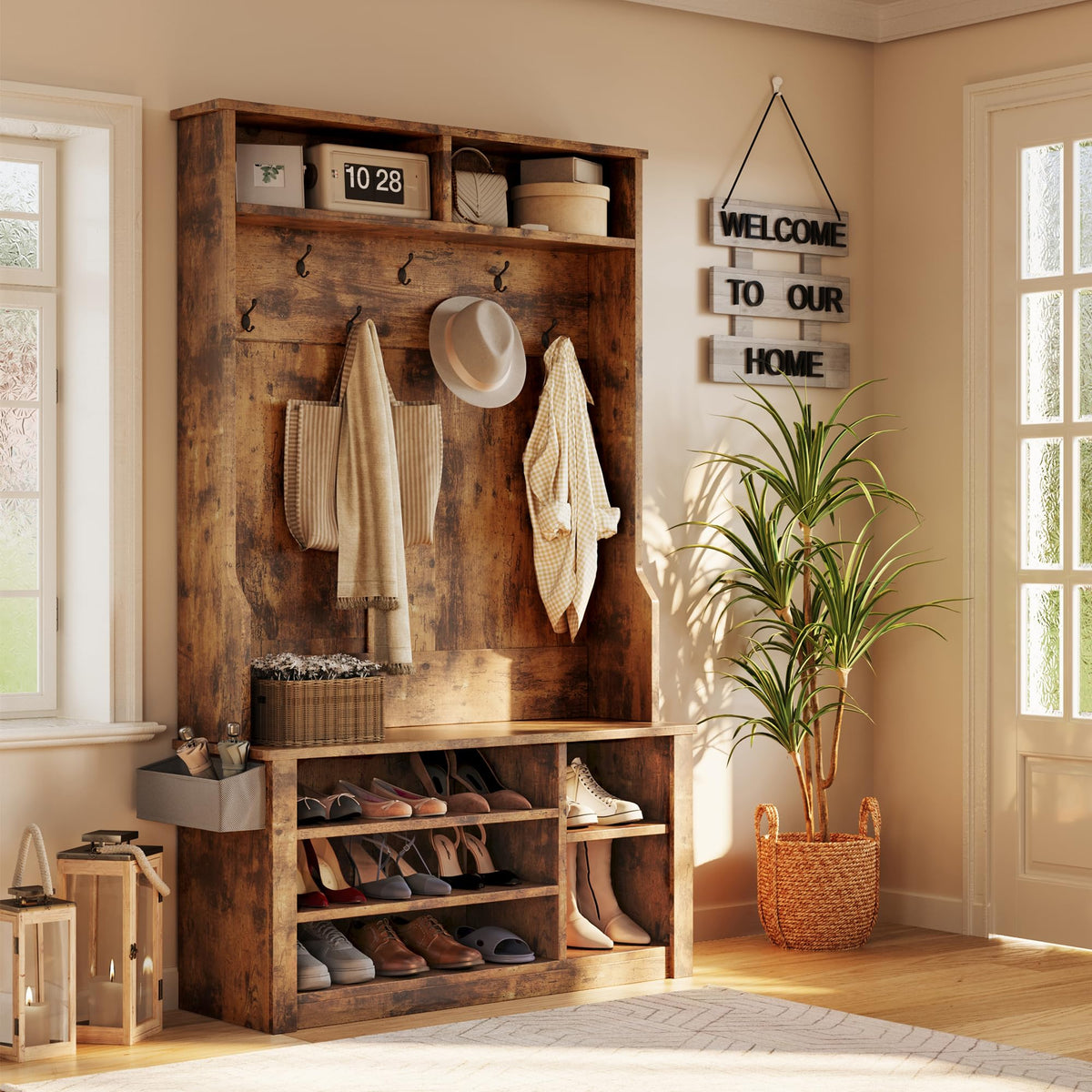 Entryway Hall Tree with Bench and Storage, Rustic Brown