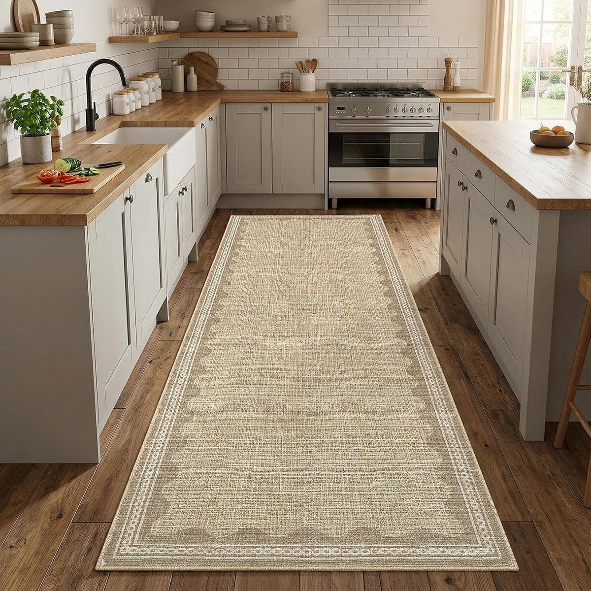 Runner Rug Washable Kitchen Rugs Non Slip Solid Tan Jute Digital Printing Modern Soft Low-Pile Scalloped Indoor