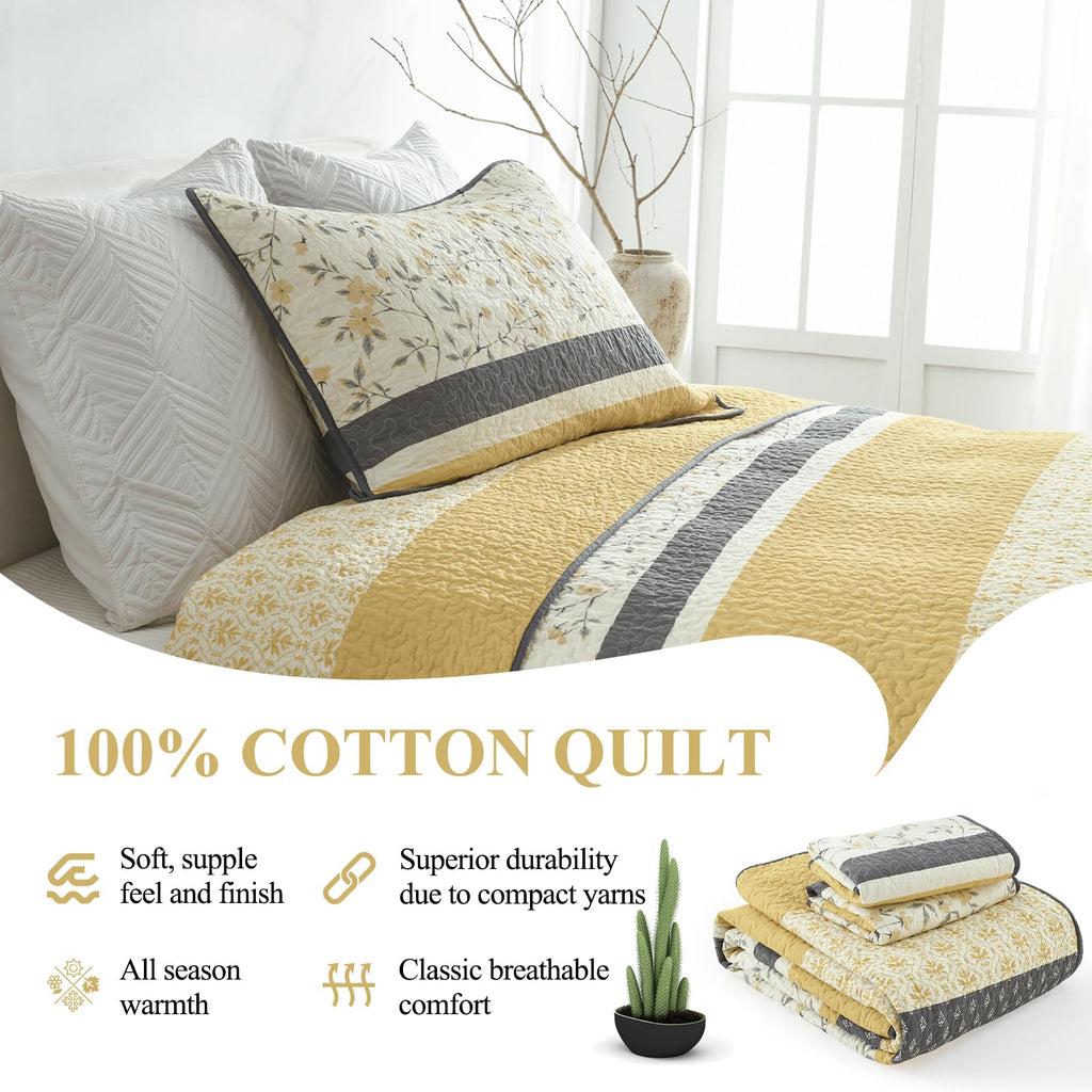 100% Cotton Quilt - Modern Stripe Botanical Soft Bedding Set