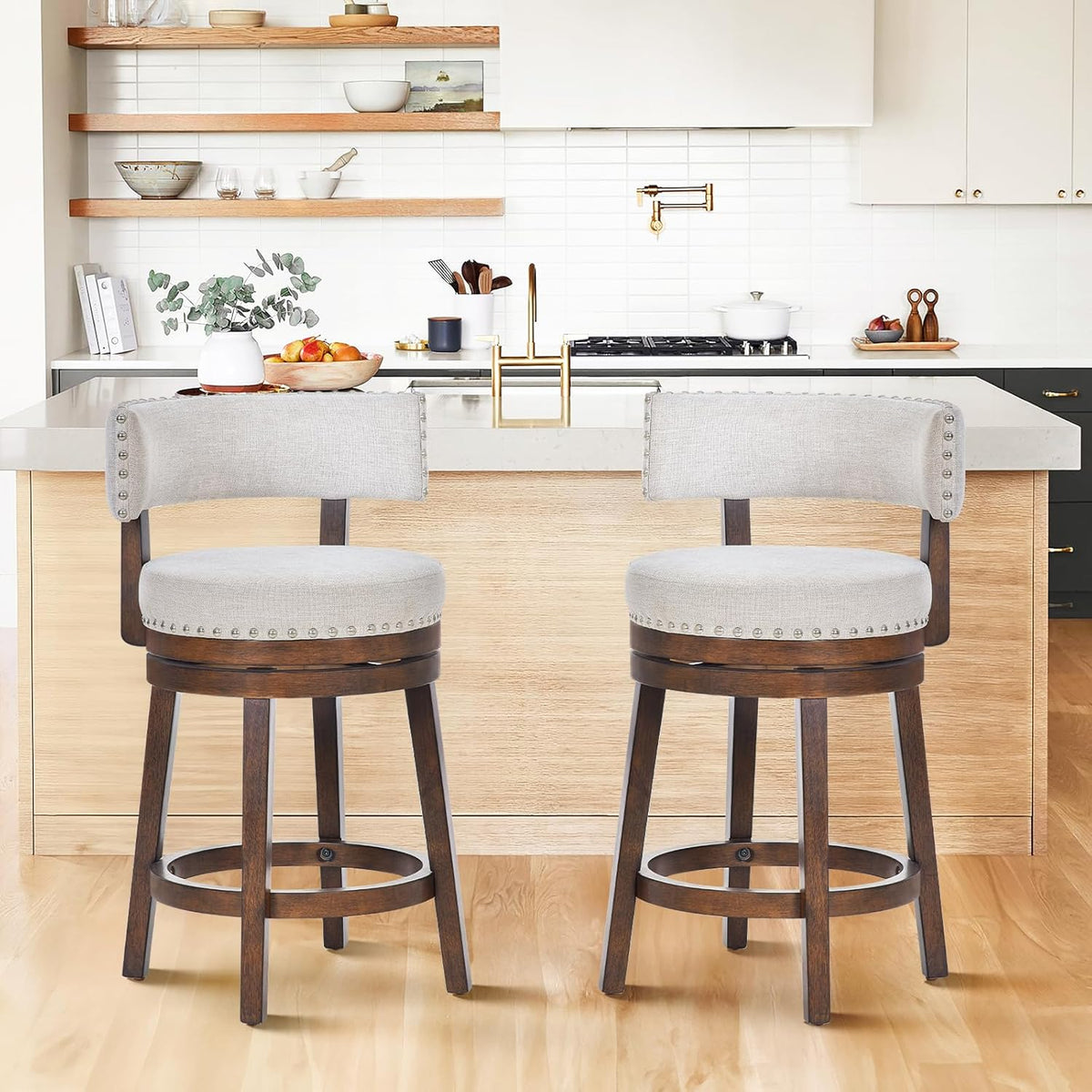 Swivel Bar Stool Set of 2, Modern Swivel Barstool with Back, Counter Height Bar Stools, 25 Inch Upholstered Wood
