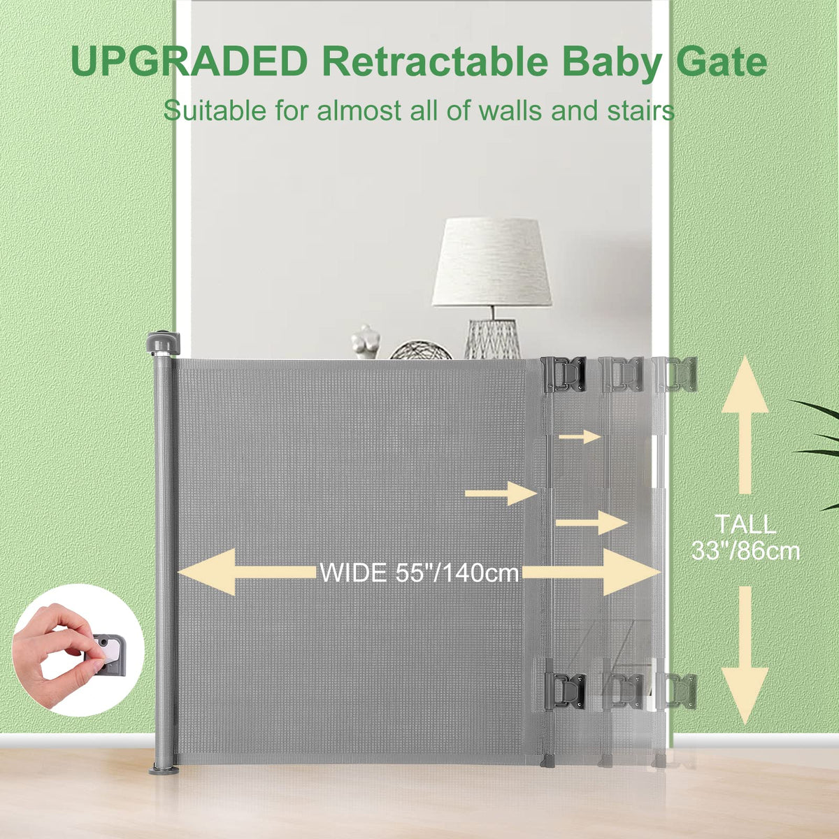Retractable Baby Gate for Stairs & Doorways, 33" Tall Extends to 55" Wide