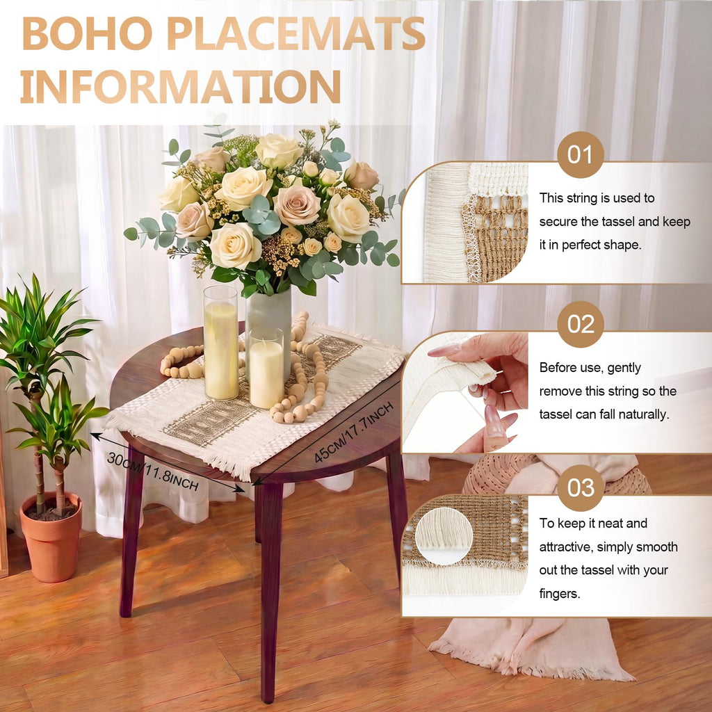 6 Set Boho Table Placemats, Natural Cotton Burlap Woven Mats with Tassels & Bead Napkin Rings, Farmhouse Macrame