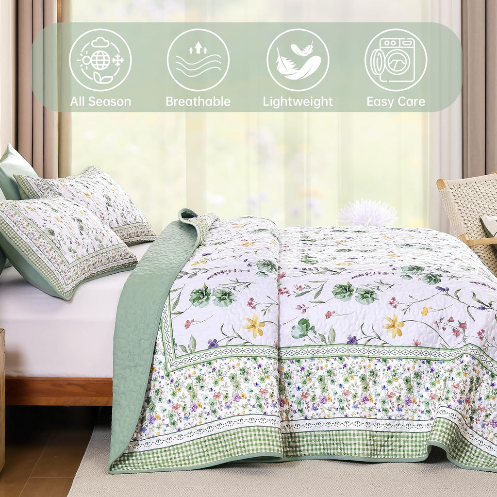Floral Quilt Set, 3 Pcs Green Bedspreads Coverlet Set