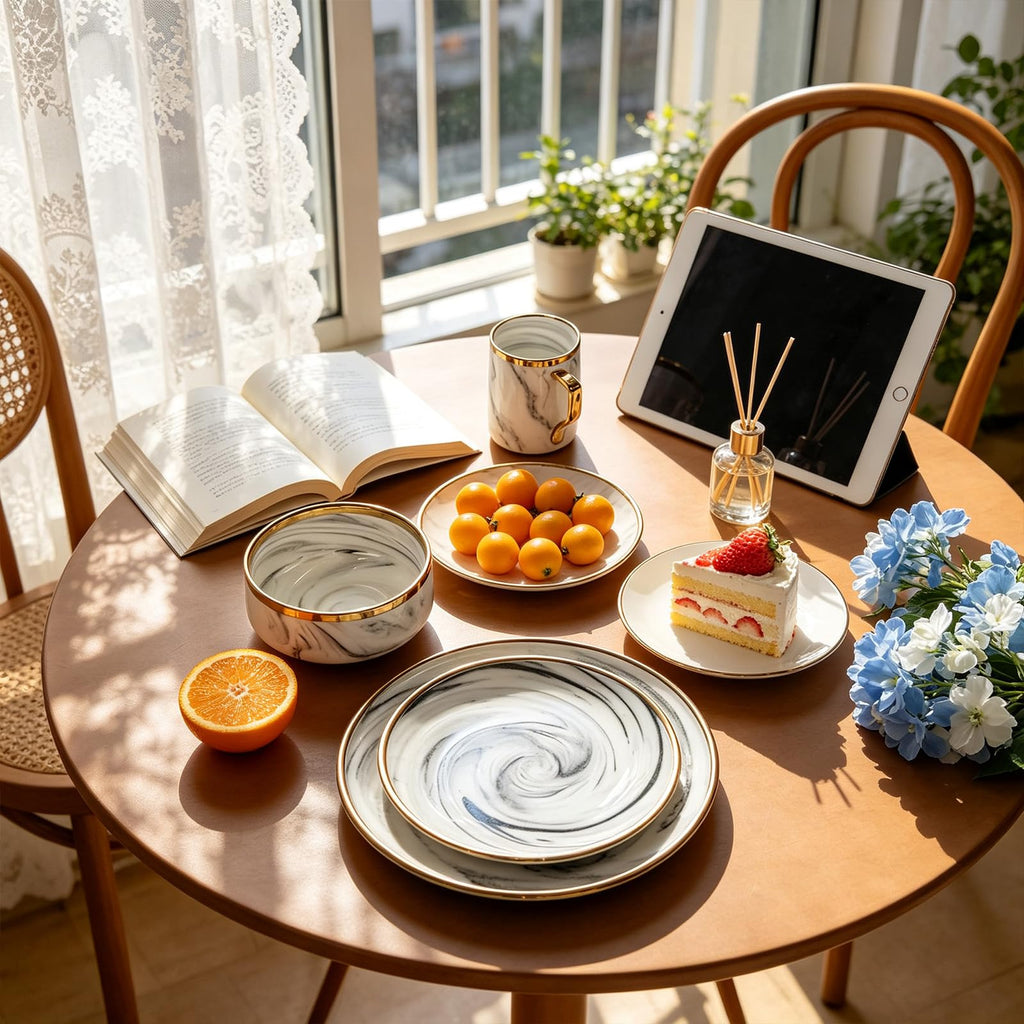 16 Piece Plates and Bowls Sets, Fine China Artisan Marbled Dinner Set for 4, Dishwahser Safe, Scratch Resistant, Grey
