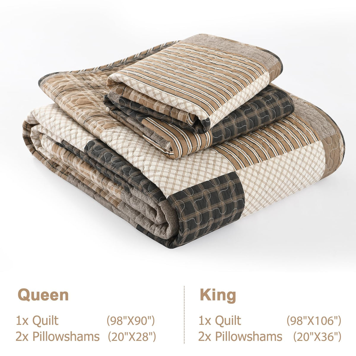 Quilt Set, Farmhouse Plaid Comforter, Cotton Quilted Bedspread, Charcoal Beige Brown Lightweight