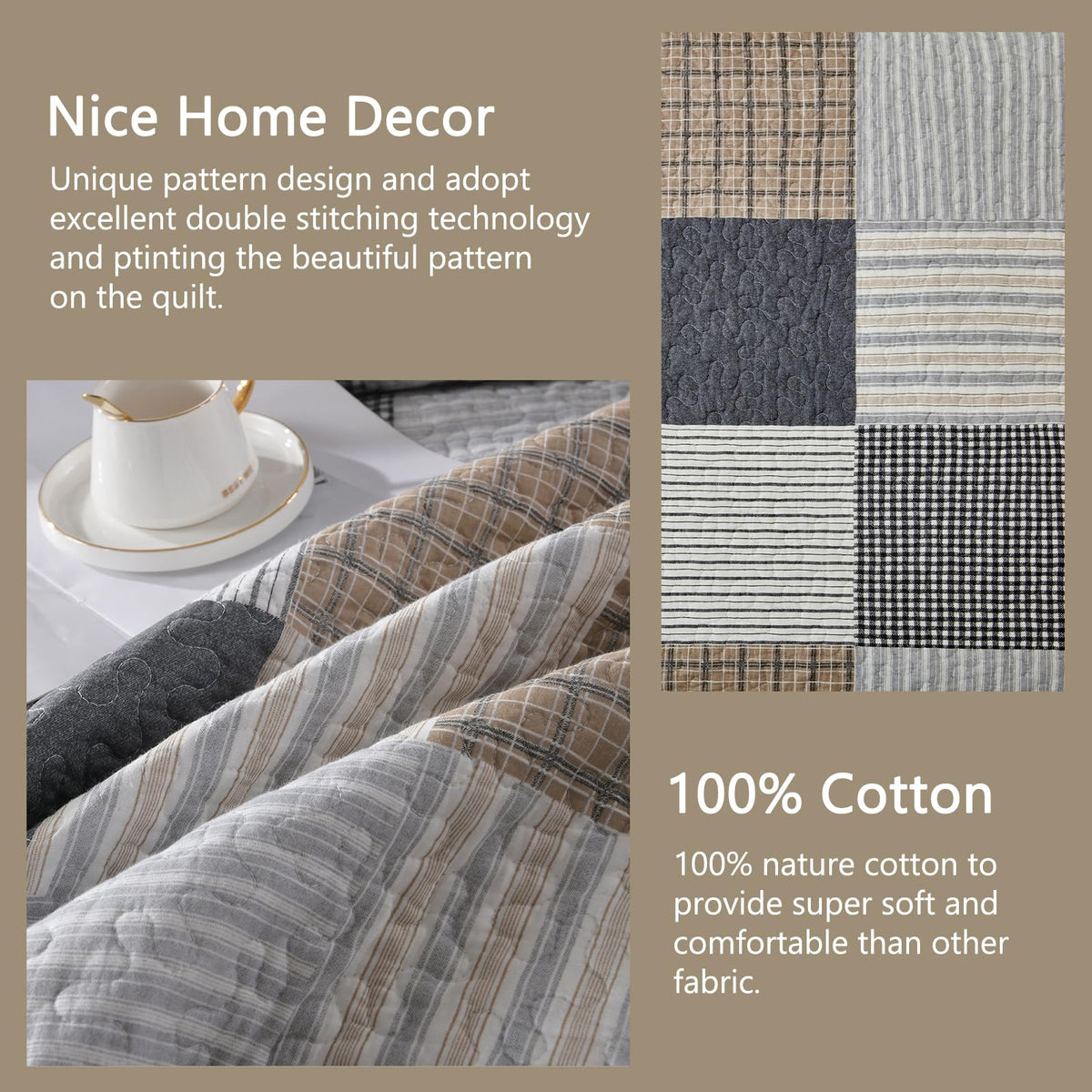 Quilt 100% Cotton Plaid Farmhouse Comforter Set