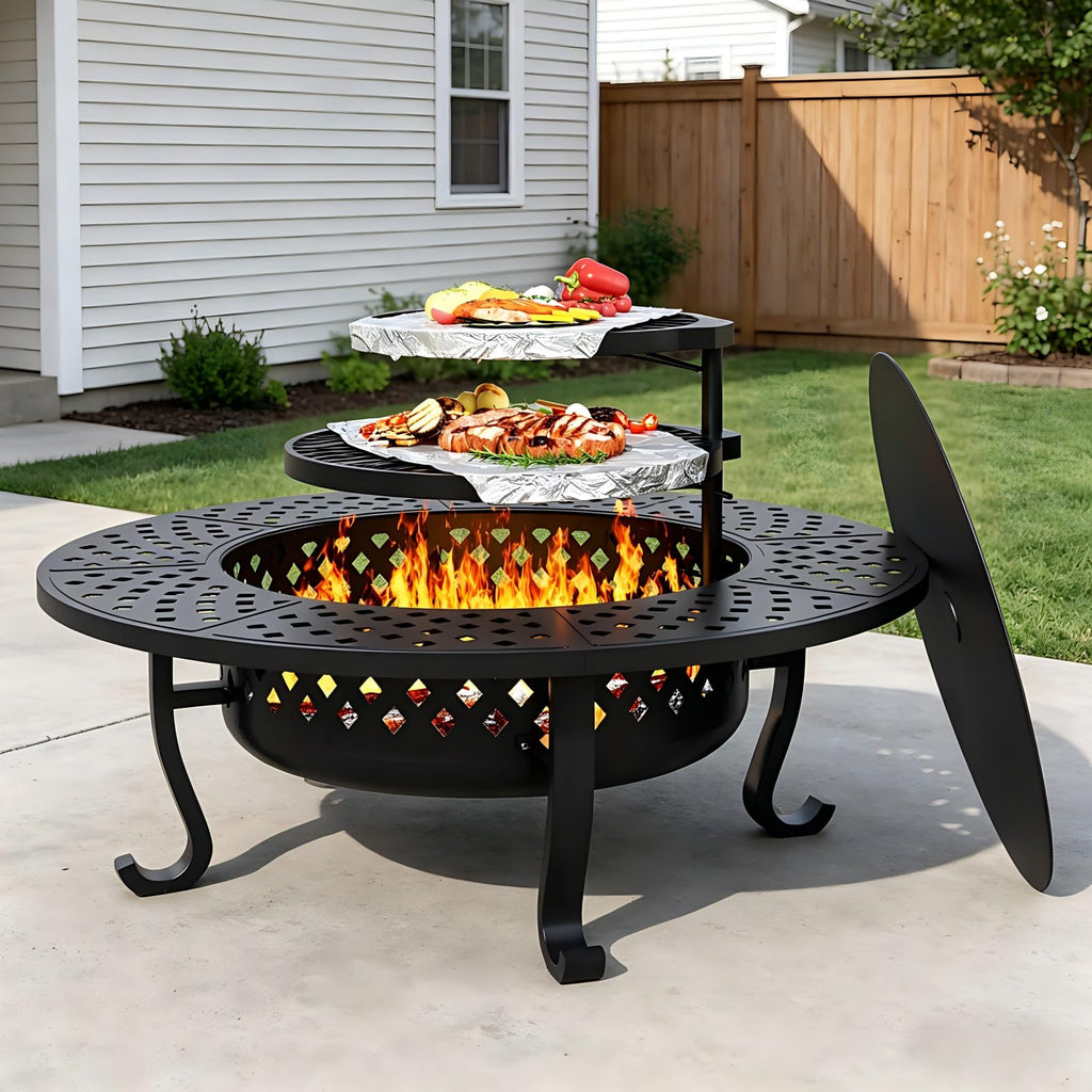 43" Outdoor Fire Pit with 2 Grill, Wood Burning Firepit for Outside with Lid & Fire Poker, Round Metal Table Backyard