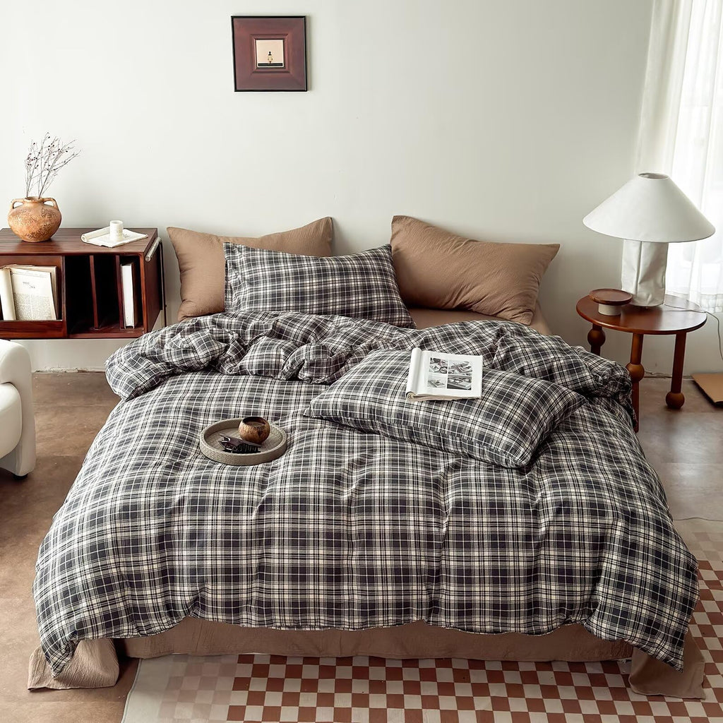 Dark Gray-Black & Beige Buffalo Plaid Duvet Cover Set