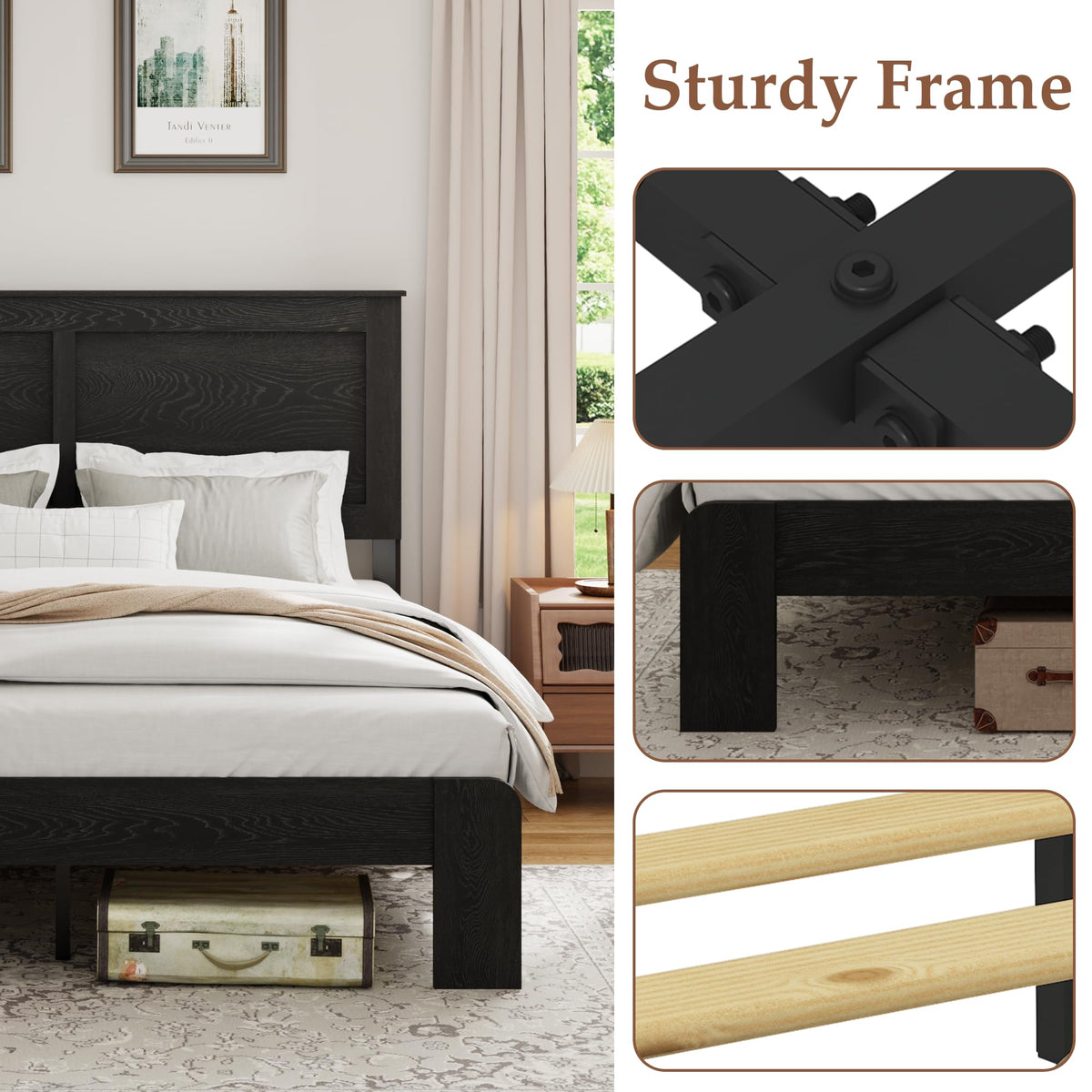 Wood Platform Bed Frame, Queen Size Bed Frame with Headboard, Black