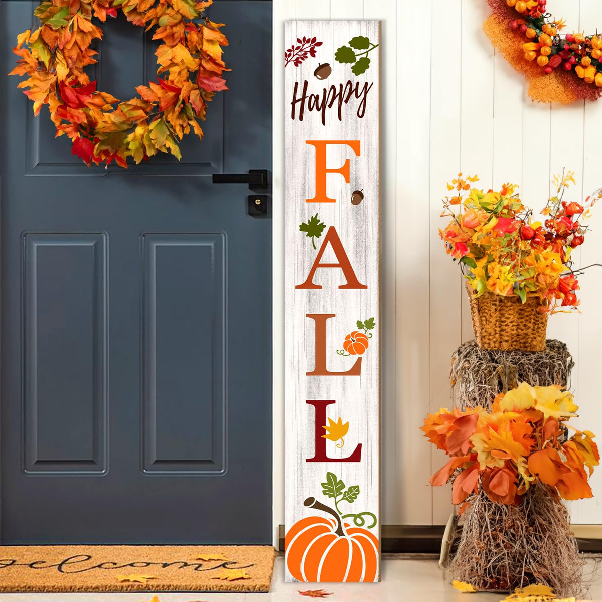 Fall Porch Sign, Pumpkin Sign for Front Porch, Happy Fall Wooden Sign Yard, Vertical Wood Sign Standing Front Door