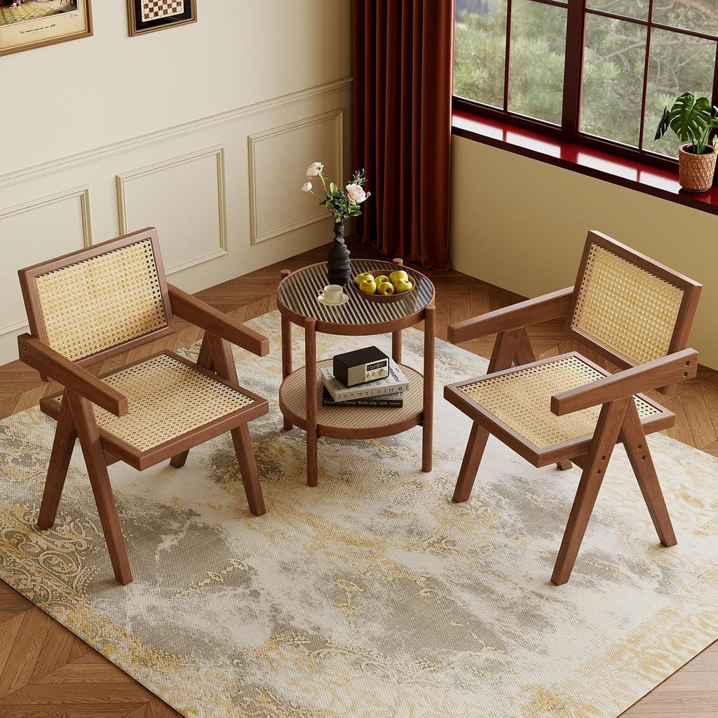 Wooden Dining Chairs Set of 2, Mid-Century Modern Rattan Chairs with Armrests, Walnut