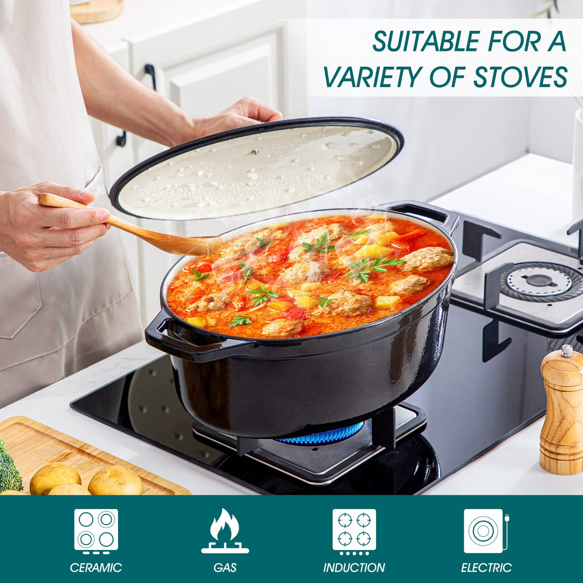 9.3 Qt Oval Enameled Cast Iron Dutch Oven with Lid, Black