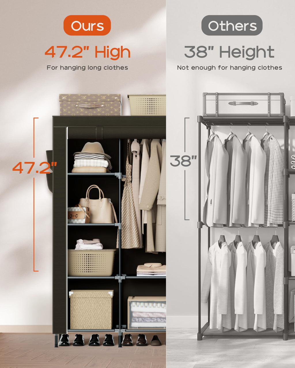 Portable Closet, 48 Inch Large Capacity Wardrobe Closet, Clothes Storage Organizer with Shelves and Hanging Rod, Easy