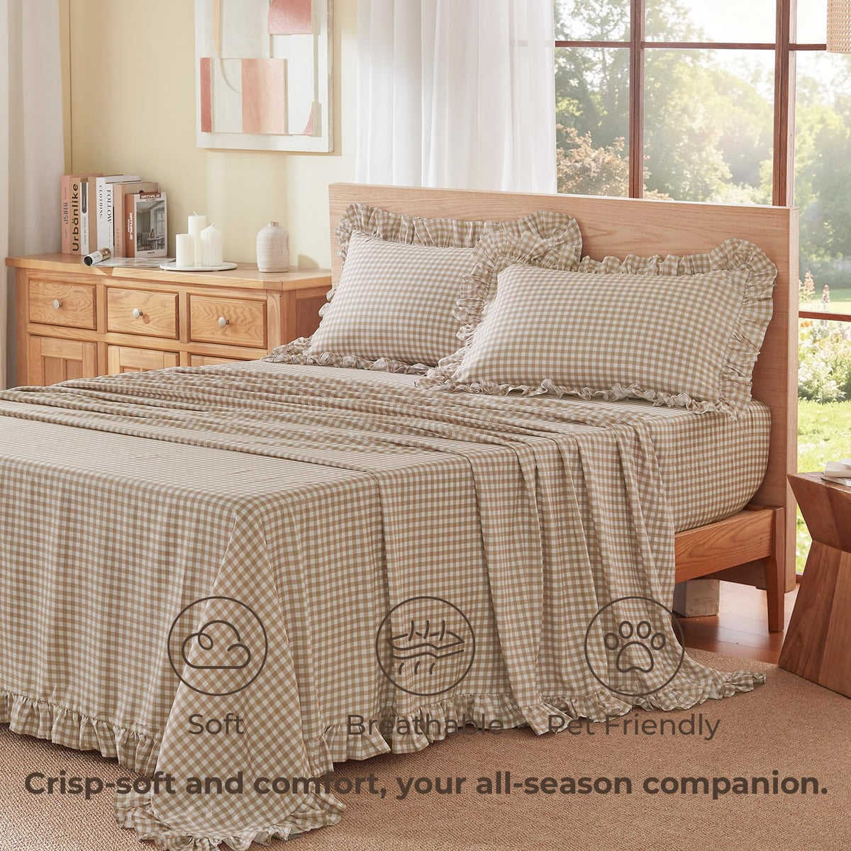 Tan Gingham Ruffle Sheets Set 4 Pieces