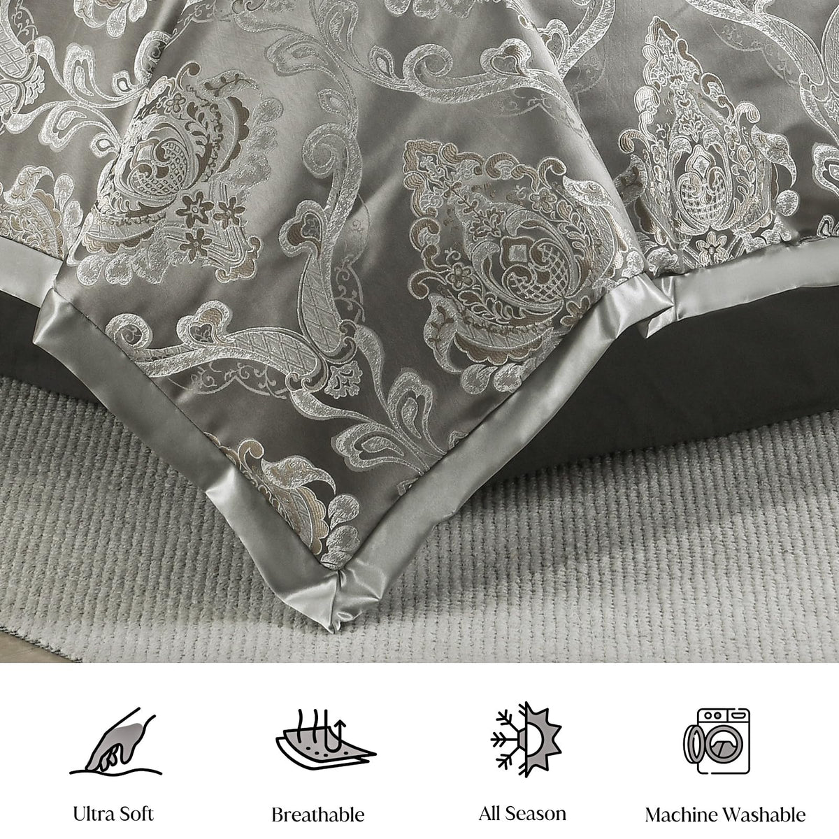 Gray Jacquard Comforter Set - Luxury 7 Piece Bed in a Bag