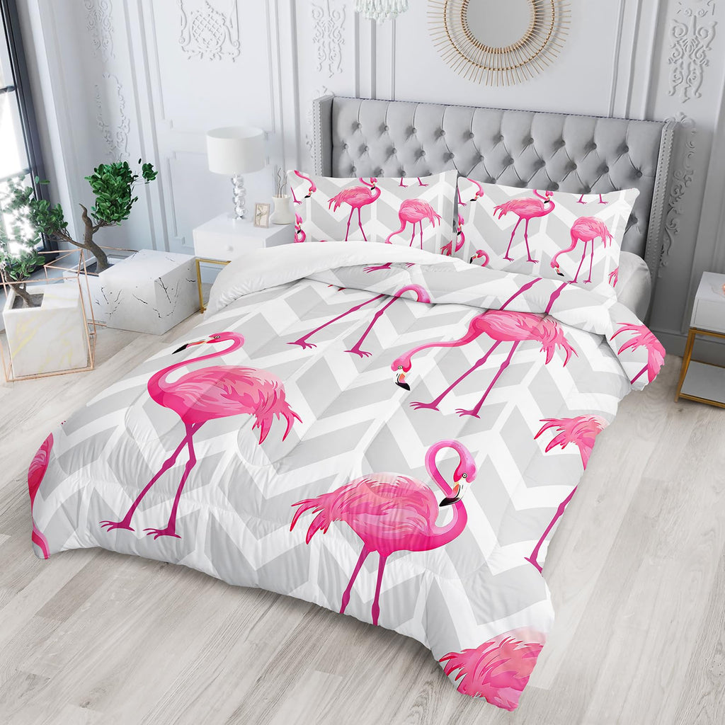 Flamingo Comforter Set - Tropical Geometric Stripe Bedding Set with 1 Comforter and 2 Pillowcases