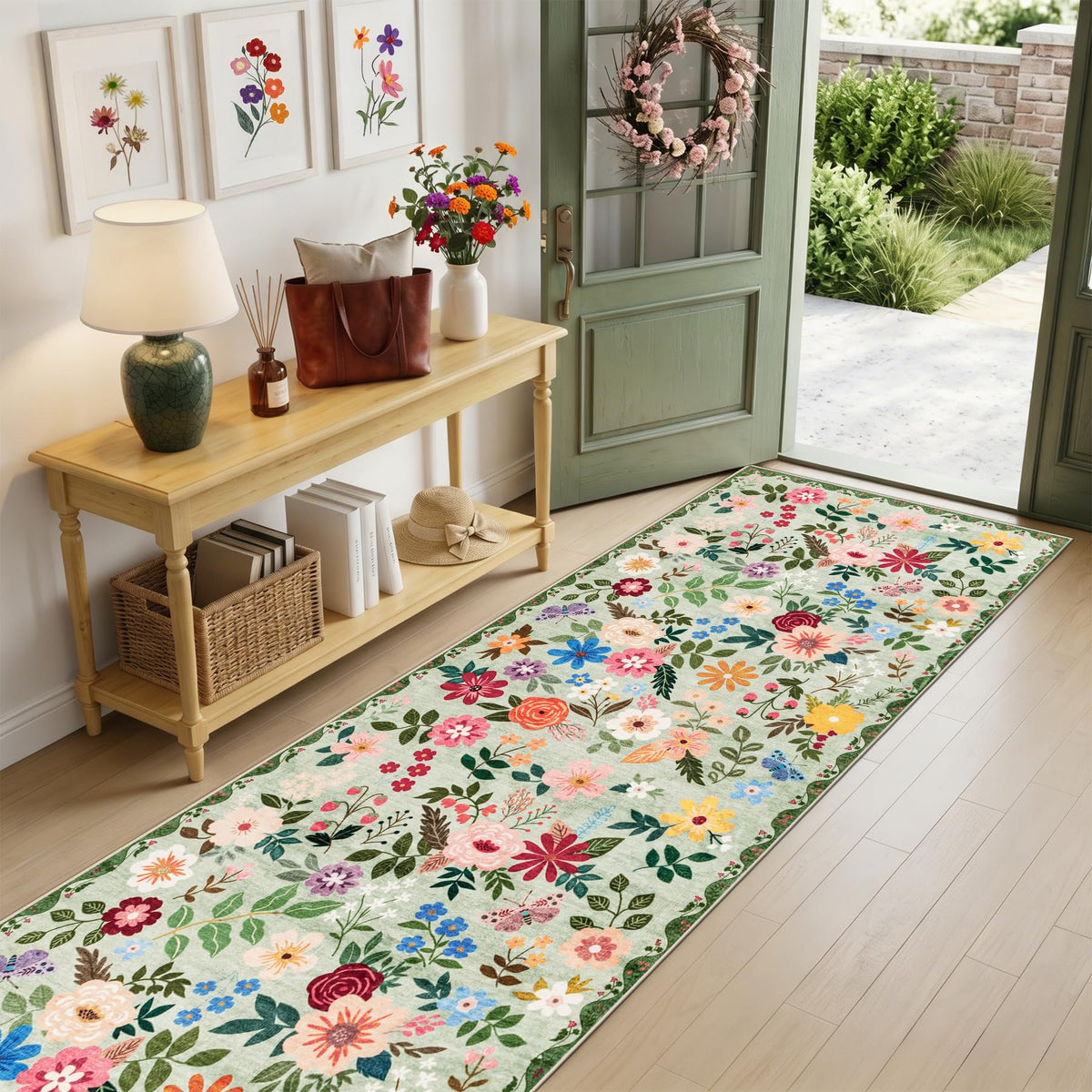 2.6x14 Washable Runner Rug:Floral Indoor Kitchen Soft Carpet Green