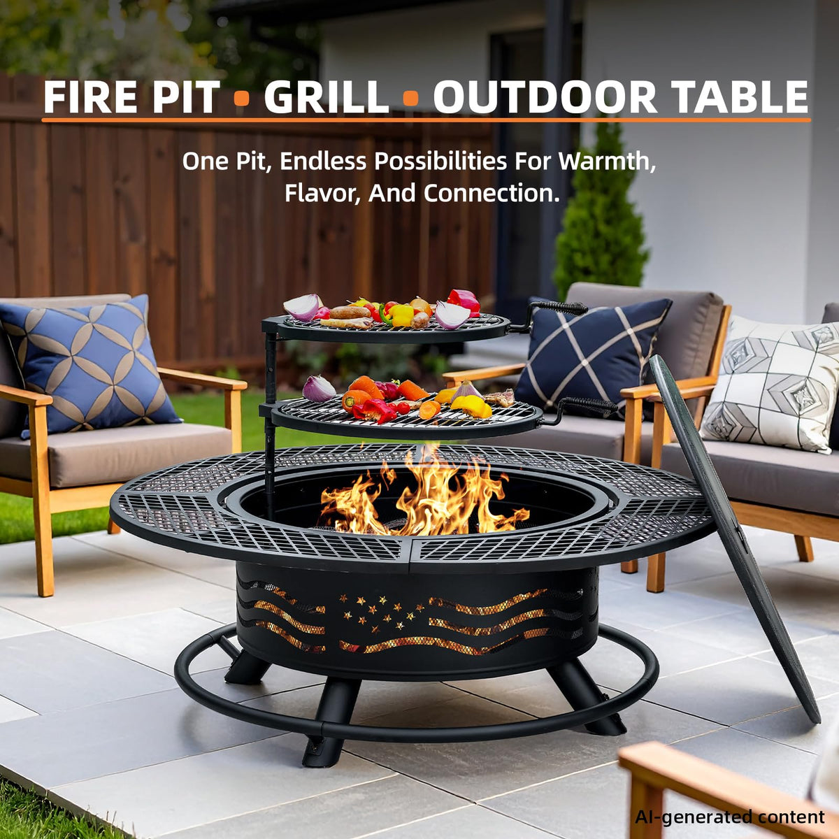 47 Inch Fire Pit with 2 Cooking Grates and Table Lid