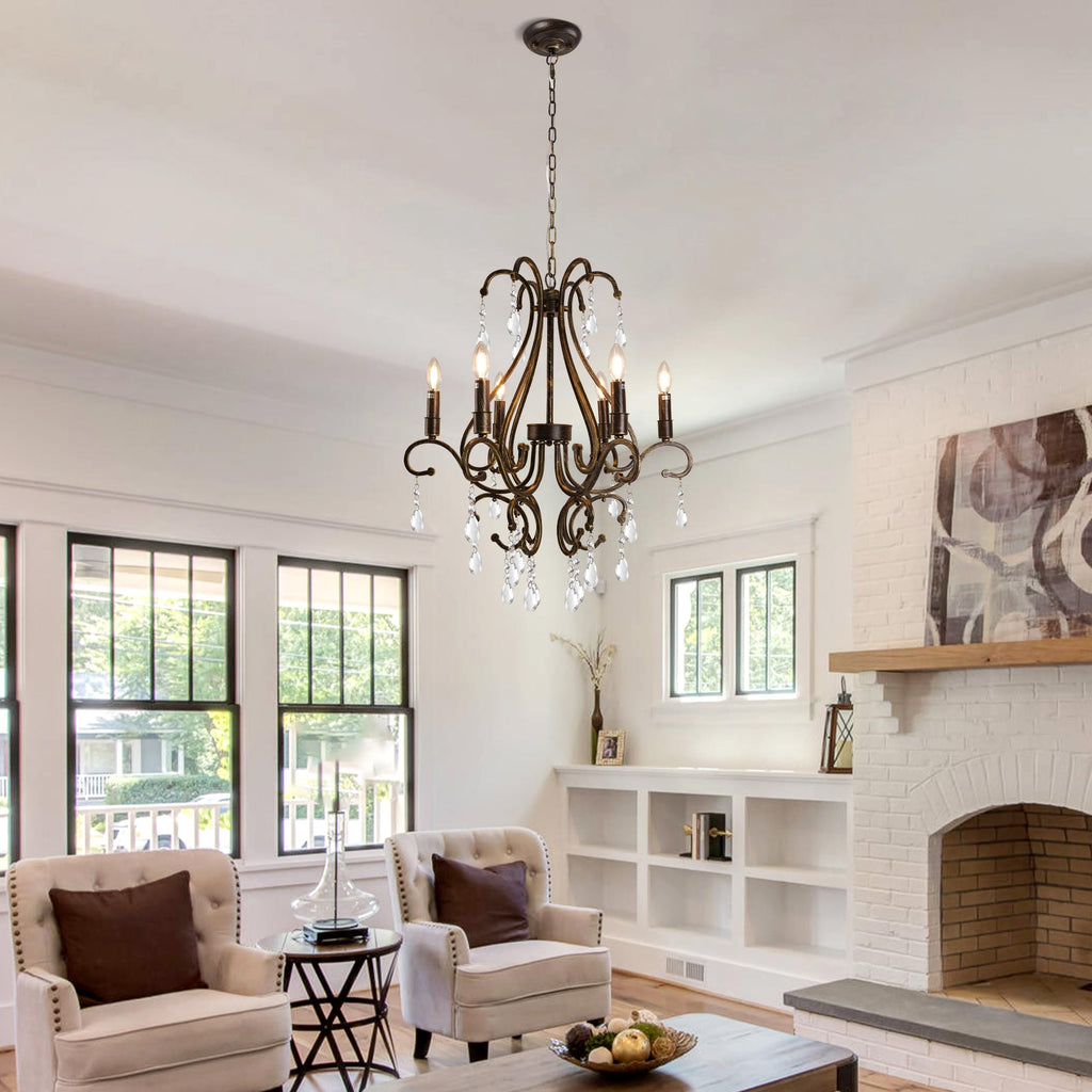 24.8" 6-Light Antique Bronze Crystal Chandelier