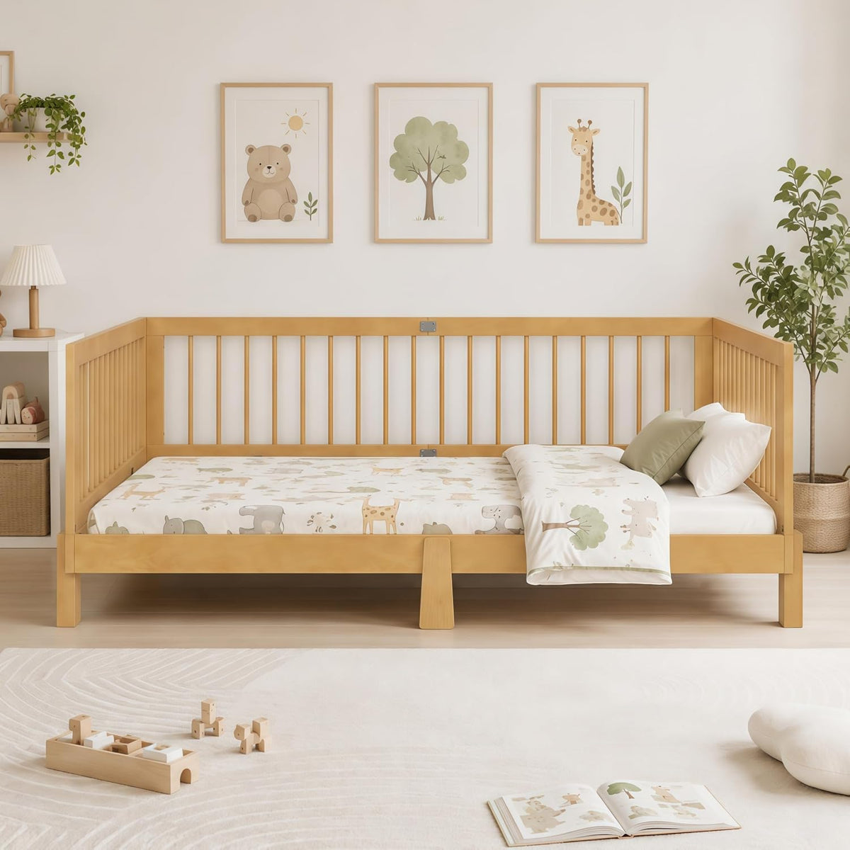 Montessori Floor Bed with Guardrails for Kids, Natural