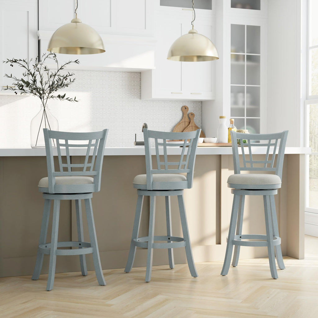 Inspired Bertoia Style Fairfox 30.5" Wood Swivel Bar Height Stool, Blue Wire Brush
