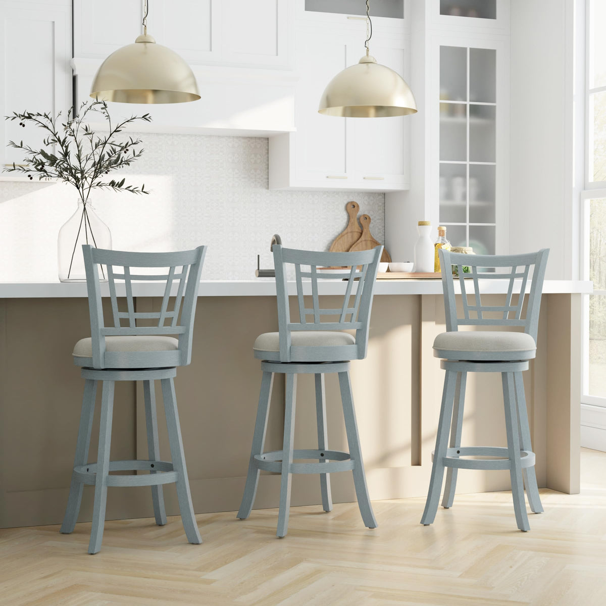 Inspired Bertoia Style Fairfox 30.5" Wood Swivel Bar Height Stool, Blue Wire Brush