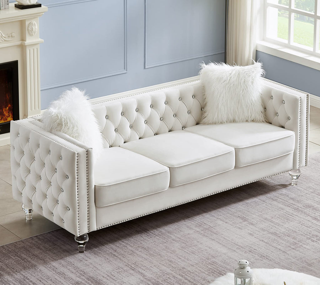 3 Seater Sofa Couch with Buttons and Square Arms 83.07 Inch Tufted 3-seat Sofas with Trimmed Nailhead and Acrylic