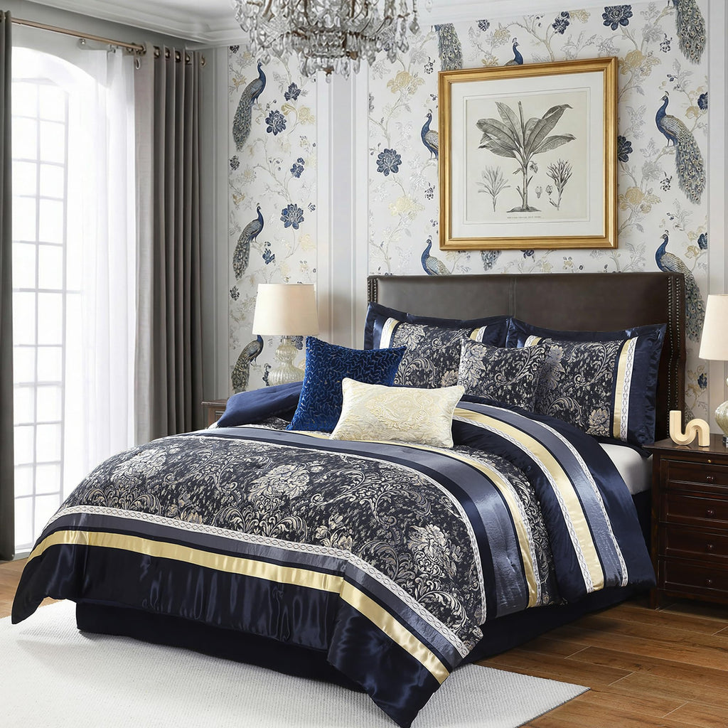 Navy Blue Comforter Set, Luxury 7 Pieces Jacquard Bedding