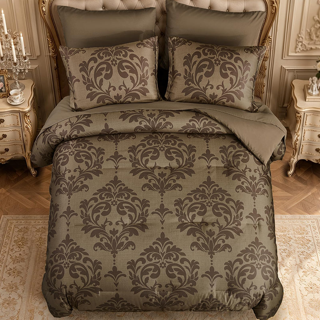 King Luxury Comforter Set Dark Brown 7 Piece Boho Damask Bedding