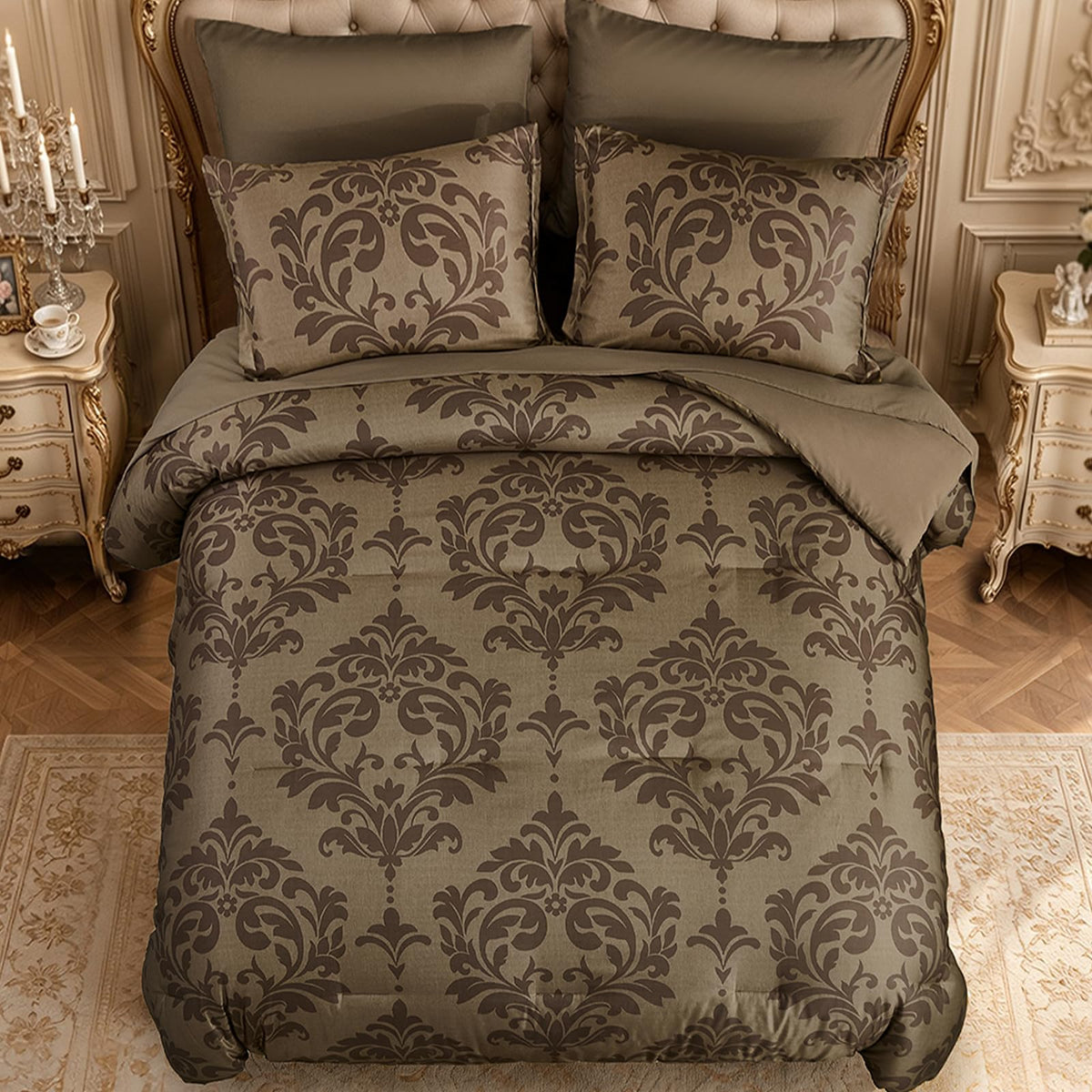 Queen Luxury Comforter Set Dark Brown 7 Piece Boho Damask Bedding