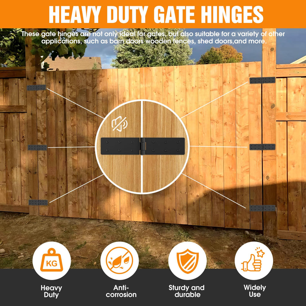 Heavy Duty Gate Hinges 270° Adjustable, 2-Pack for Wood Fence Barn Door