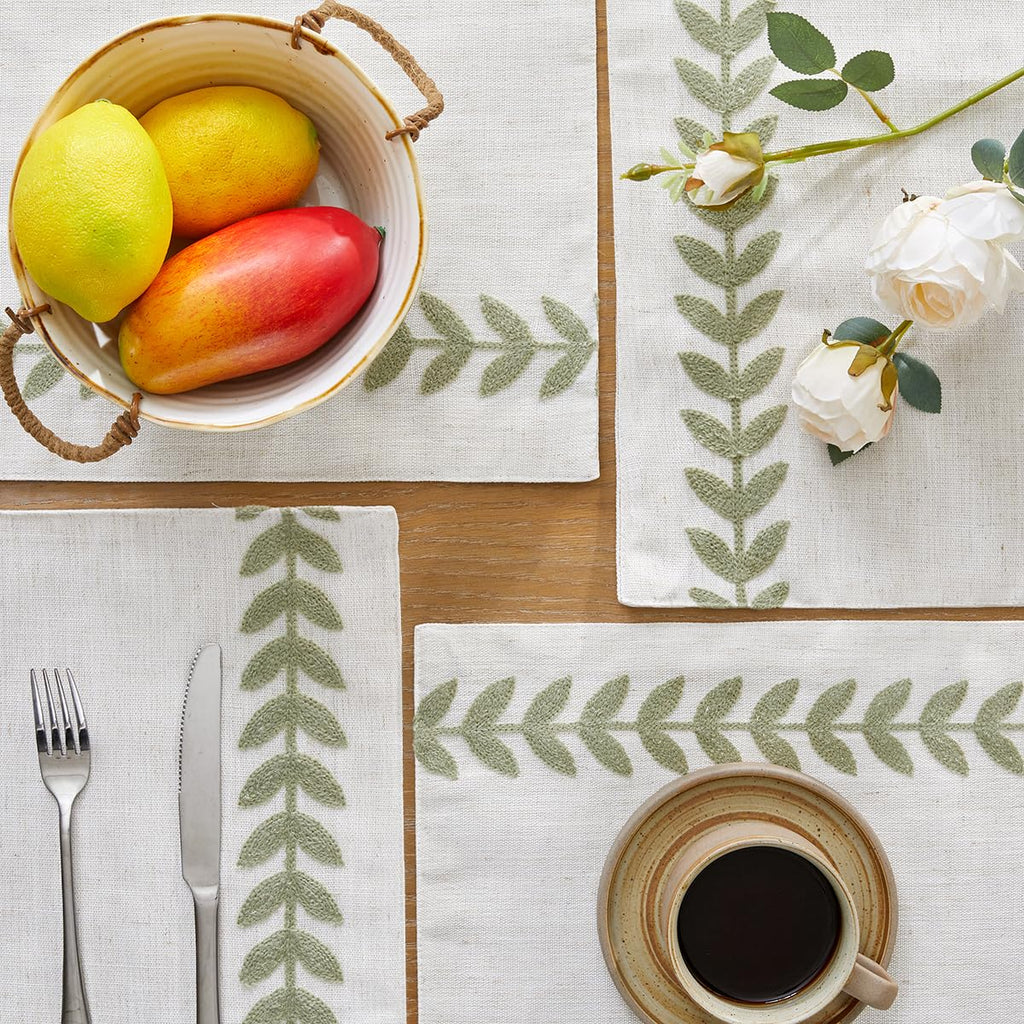 Embroidered Place Mats, Sage Green Rustic Placemats Set of 6