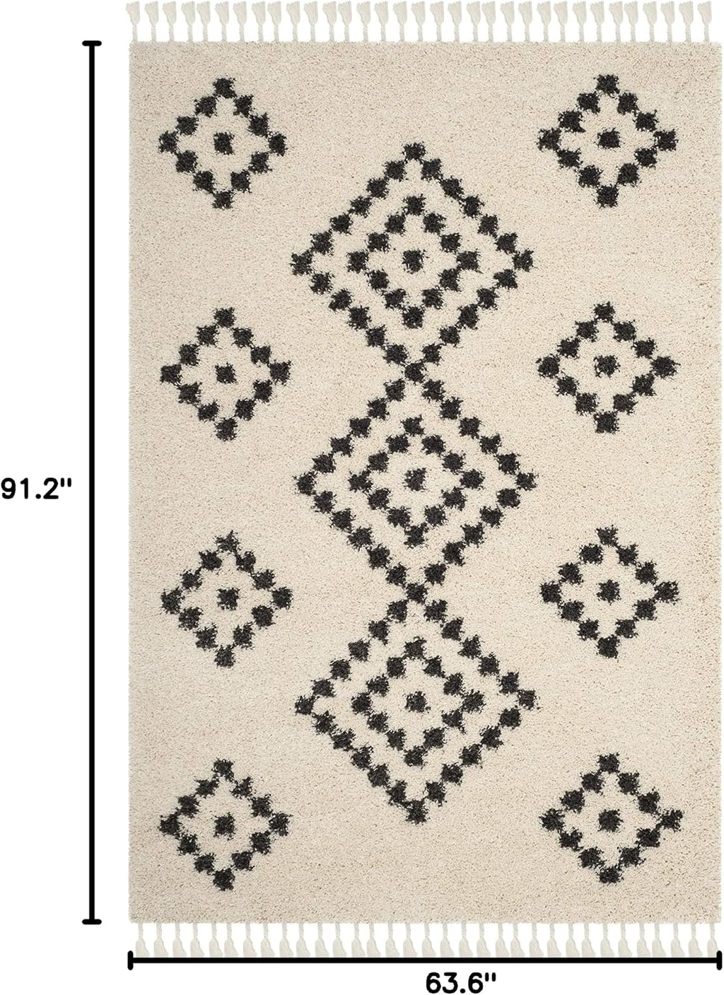 Moroccan Fringe Shag Collection Area Rug, Cream & Charcoal, Boho Tribal, Non-Shedding & Easy Care