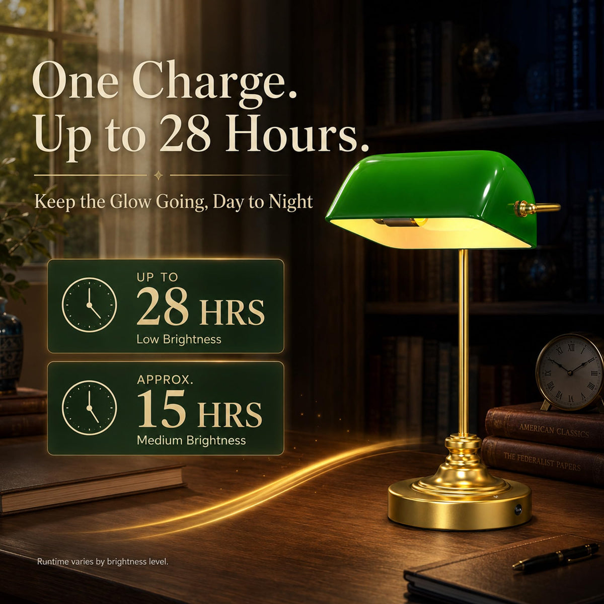 Cordless Bankers Lamp Rechargeable Green Glass Desk Lamp